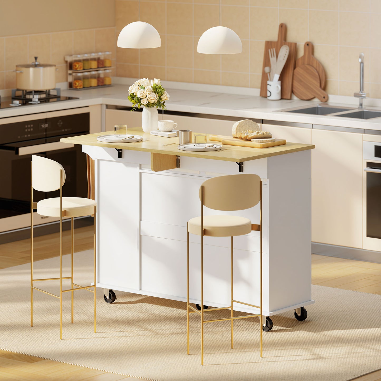 HOMCOM Kitchen Island, Rolling Kitchen Cart with Drop Leaf, Storage Trolley, Pull-out Storage, Drawers and Towel Rack, White
