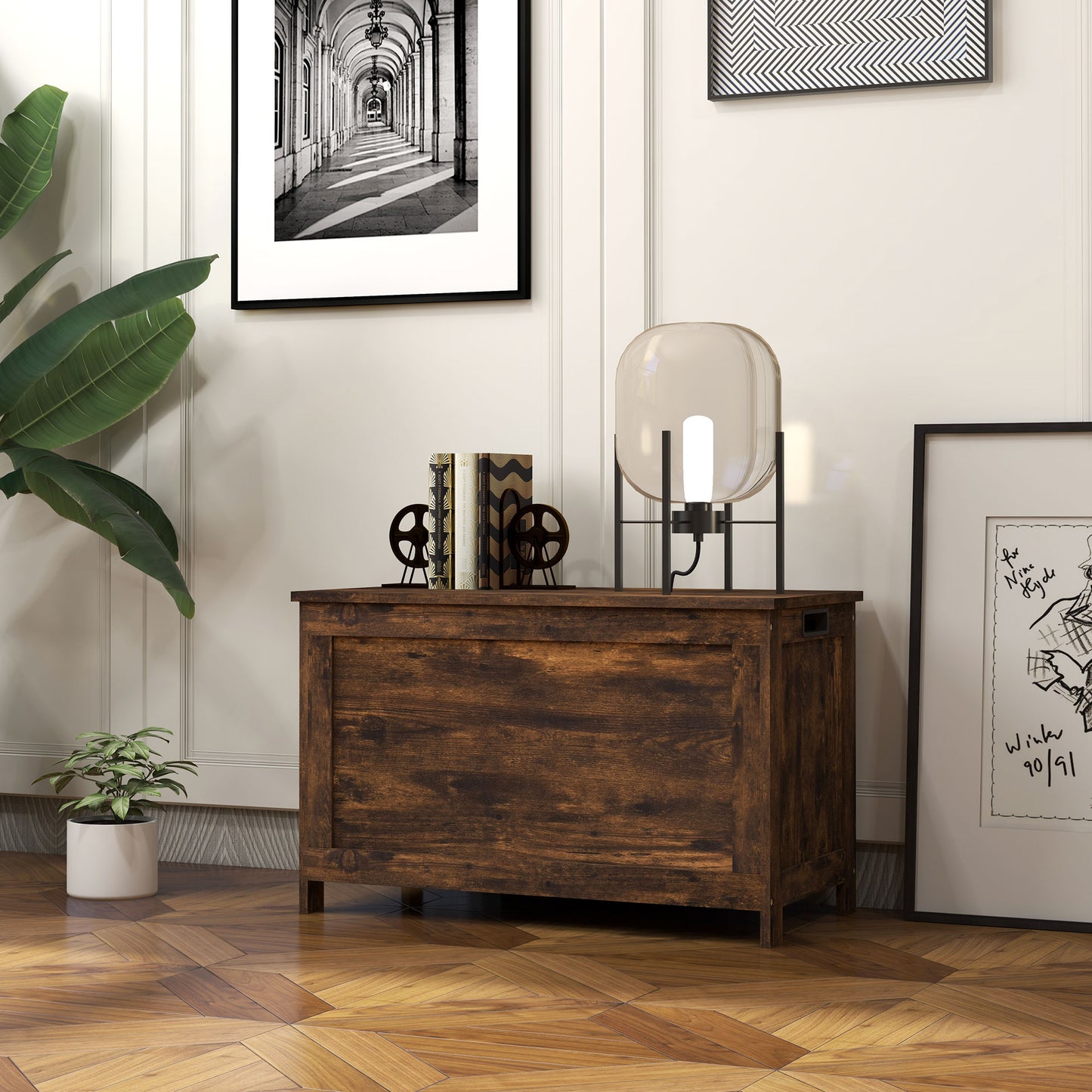 HOMCOM Storage Chest, Modern Wooden Trunk with Safety Hinges & Cut-out Handles, for Living Room/Entryway, 76x40x48 cm, Rustic Brown