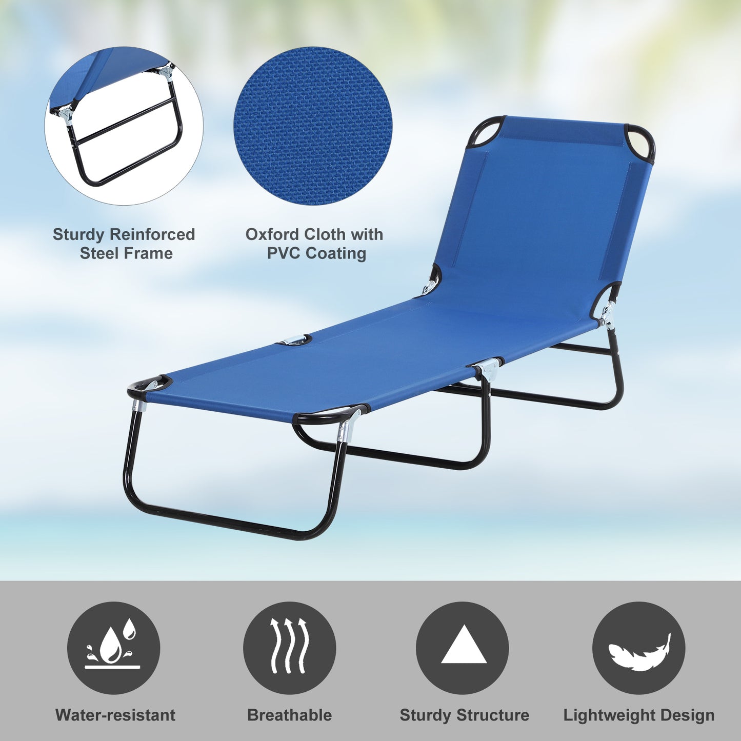 Outsunny 2-Piece Foldable Sun Loungers, 5-Position Adjustable Backrest, Portable Recliner Chairs, Breathable Mesh Fabric, Blue