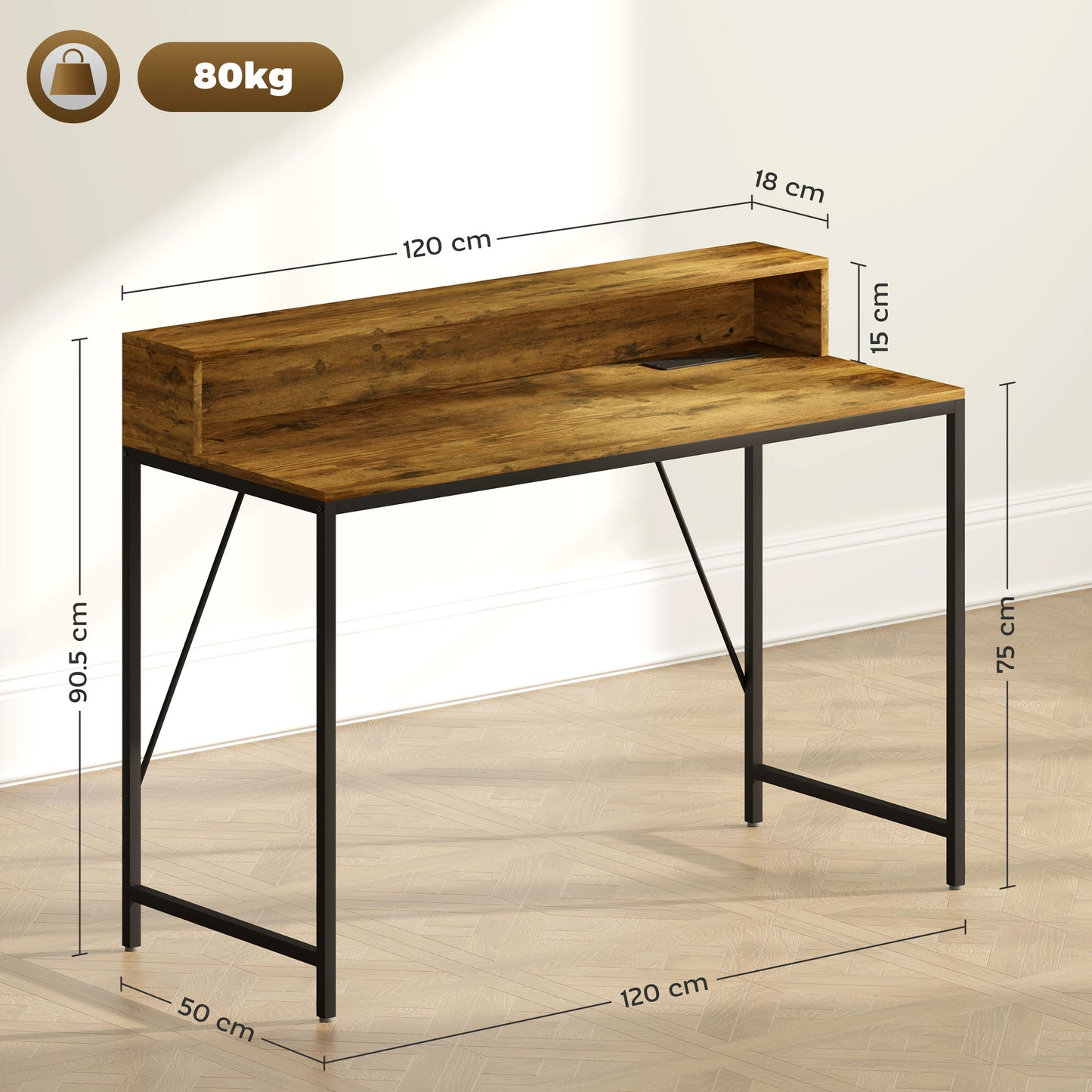 HOMCOM Computer Desk with LED, Power Outlets, Monitor Stand, Remote; for Home Office, Study; 120cm, Rustic Brown