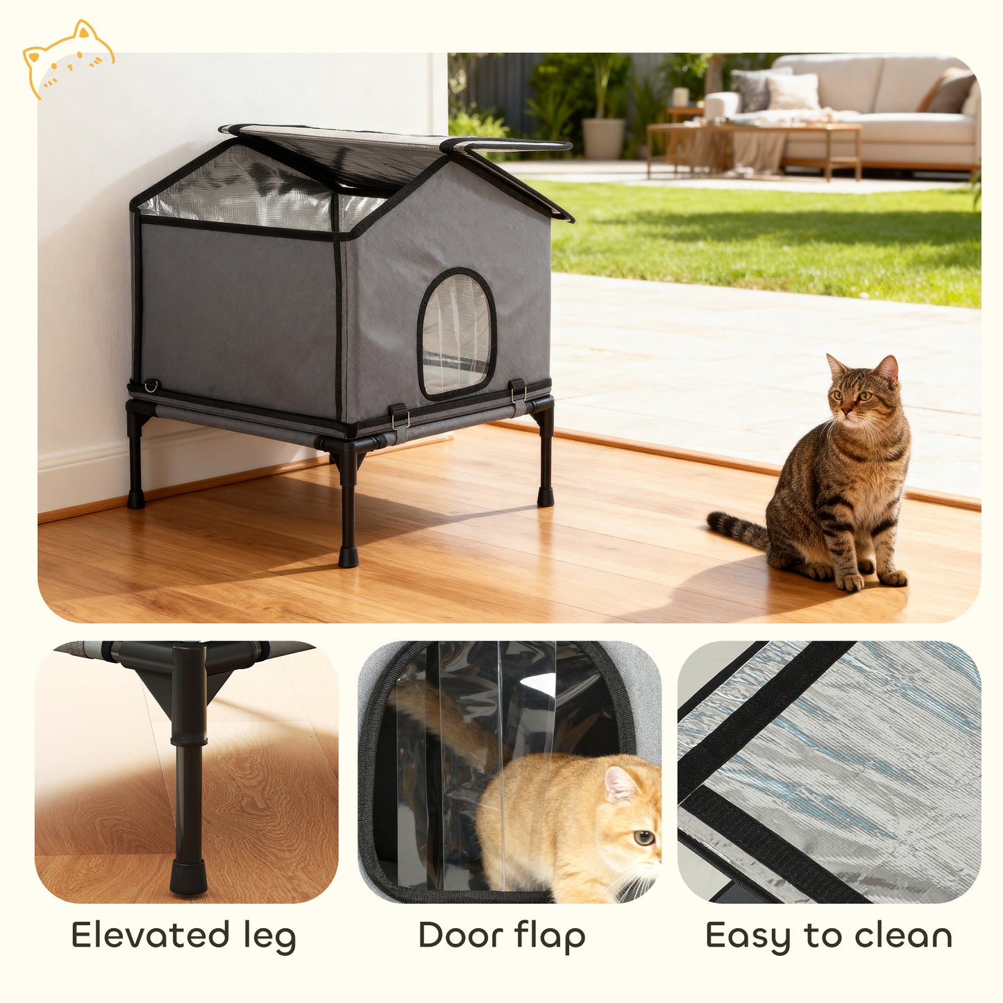 PawHut Outdoor Cat House, Waterproof Insulated Cat Kennel with Elevated Base, Foldable Feral Kitty Shelter for Kittens, Grey
