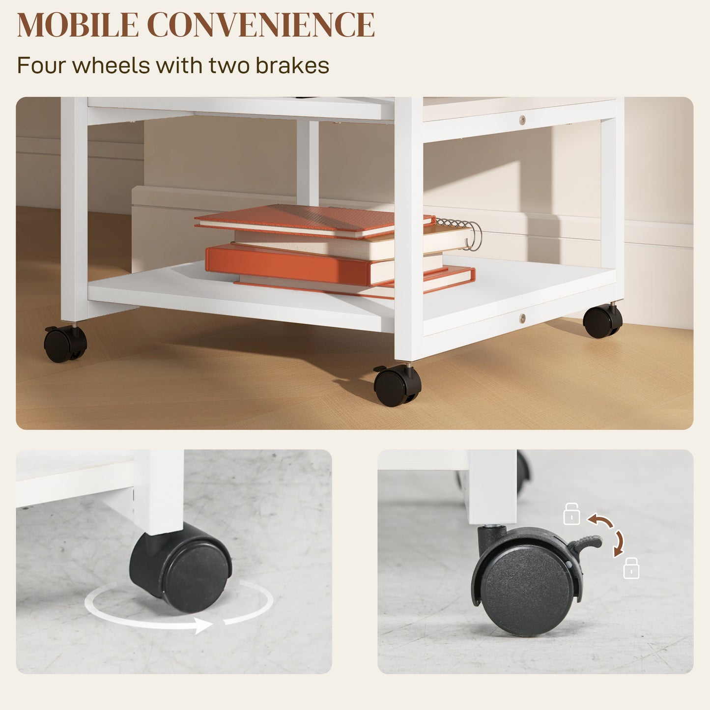 HOMCOM 3-Tier Mobile Printer Stand on Wheels - White