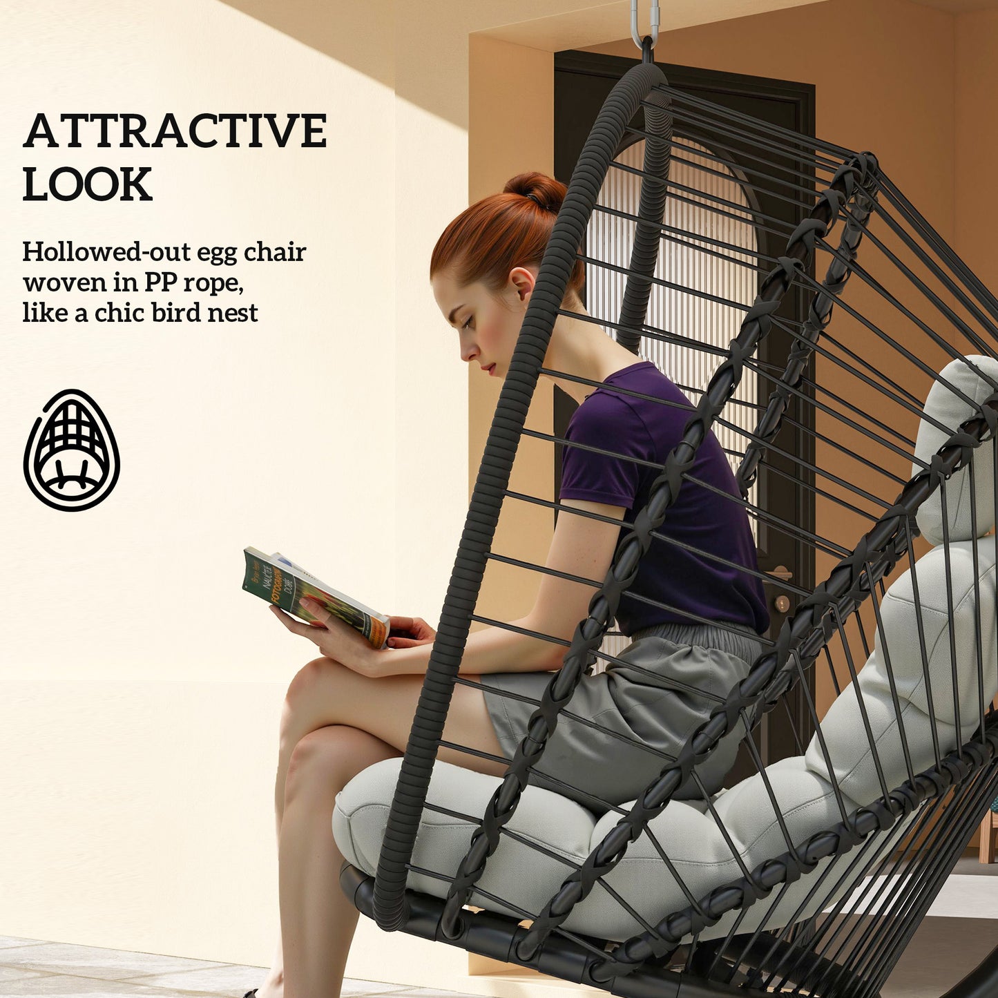 Outsunny Garden Swing Chair, Rattan Egg with Cushion & Metal Stand, for Indoor/Outdoor Use, Black