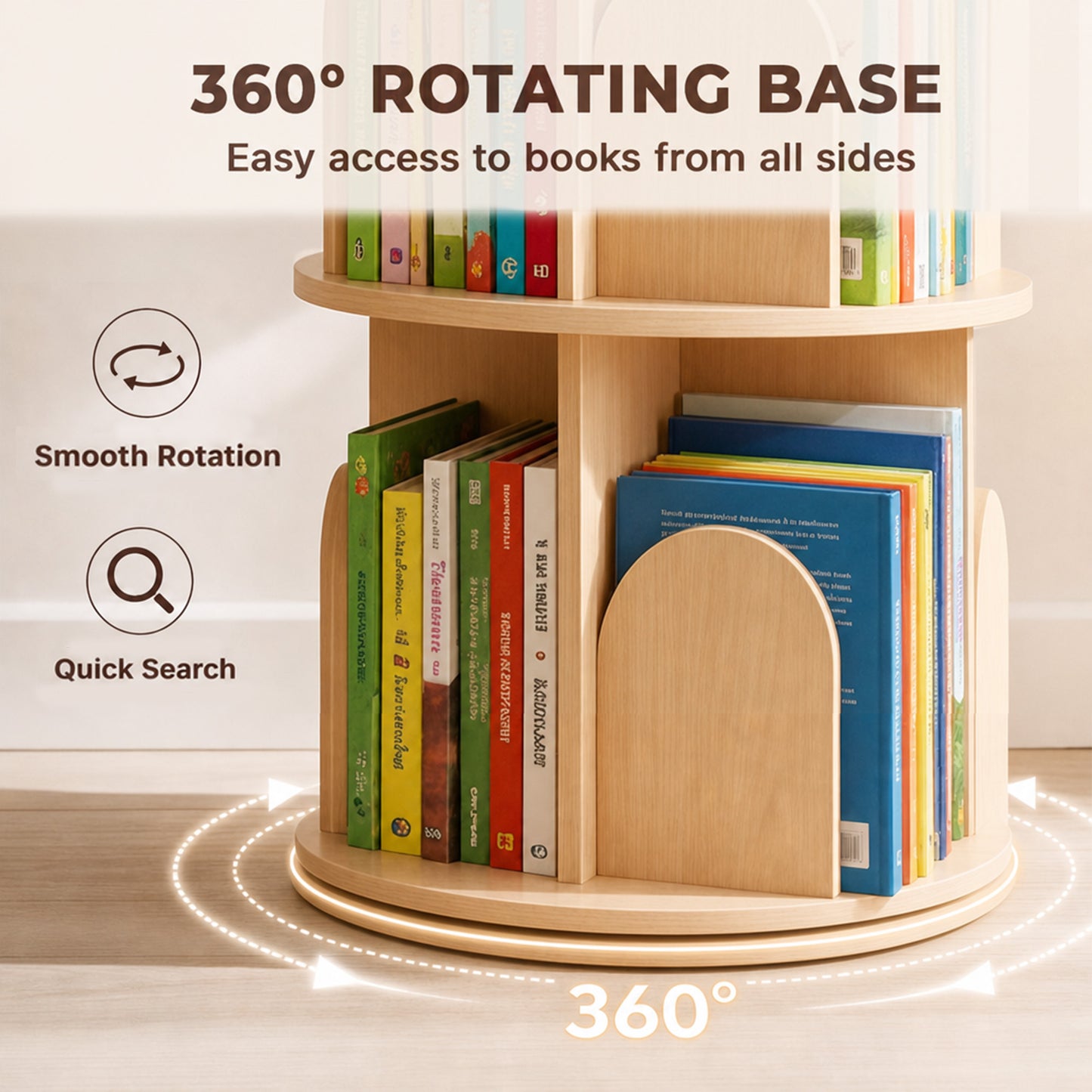 AIYAPLAY 3-Tier Rotating Bookcase, Round Kids Bookshelf Floor Standing 360° Rotating for Bedroom, Kids Room and Playroom, Natural