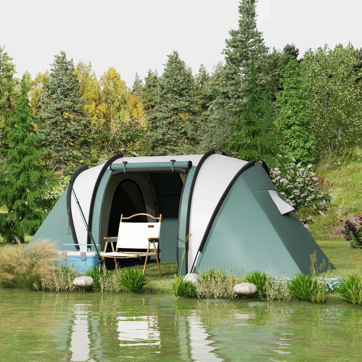 Outsunny Camping Tent with 2 Bedrooms and Living Area 3000mm Waterproof Family Tent for Fishing Hiking Festival Dark Green