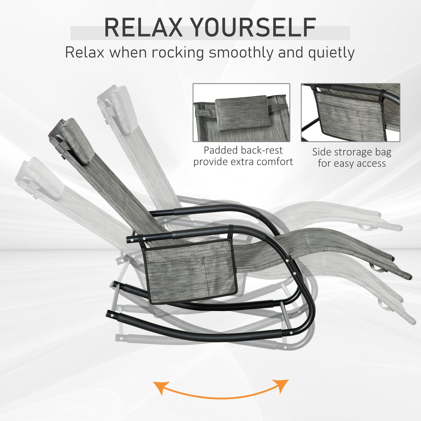 Outsunny 2PCs Outdoor Garden Rocking Chair, Patio Sun Lounger with Mesh Fabric, Removable Pillow, Armrest, Storage Bag, Dark Grey