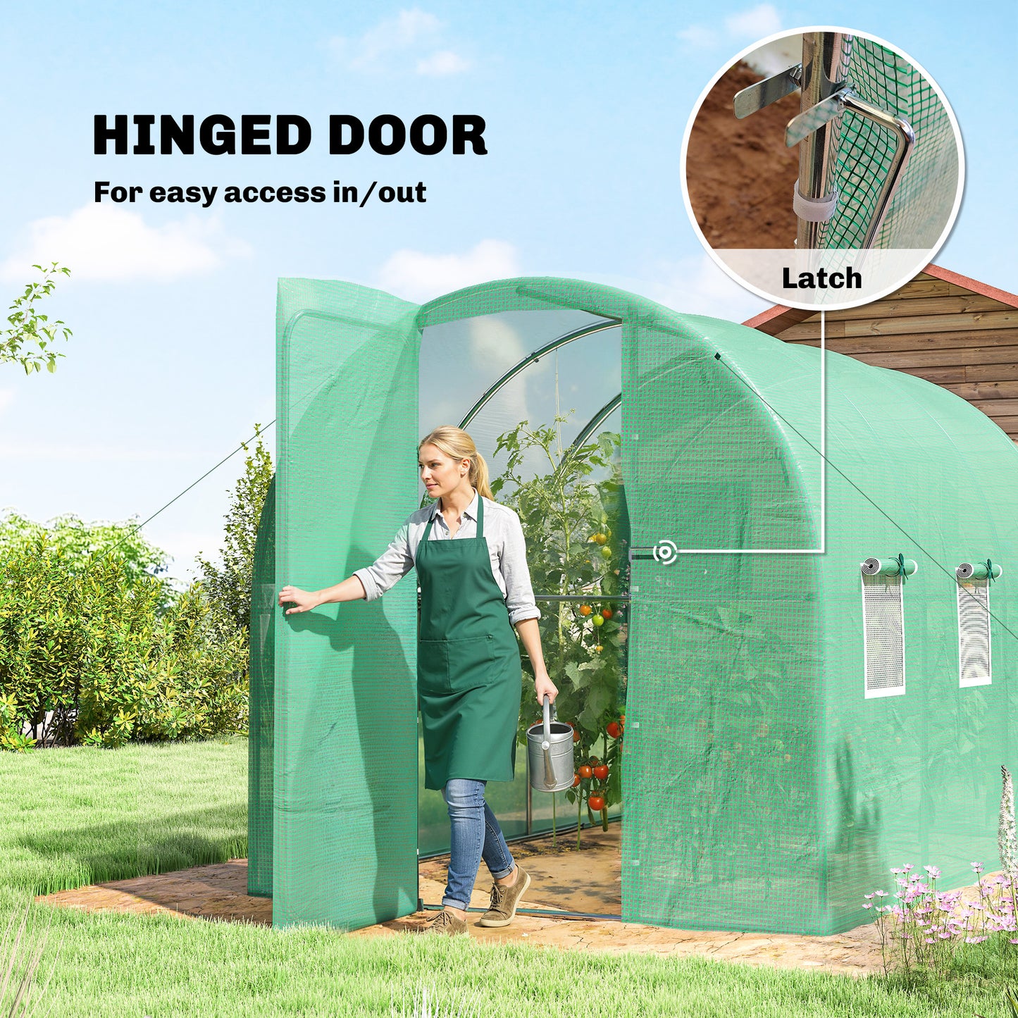 Outsunny 2 x 3 m Walk-in Polytunnel Greenhouse with Hinged Door and 6 Roll Up Mesh Windows, Garden Tunnel Warm House Tent, Green