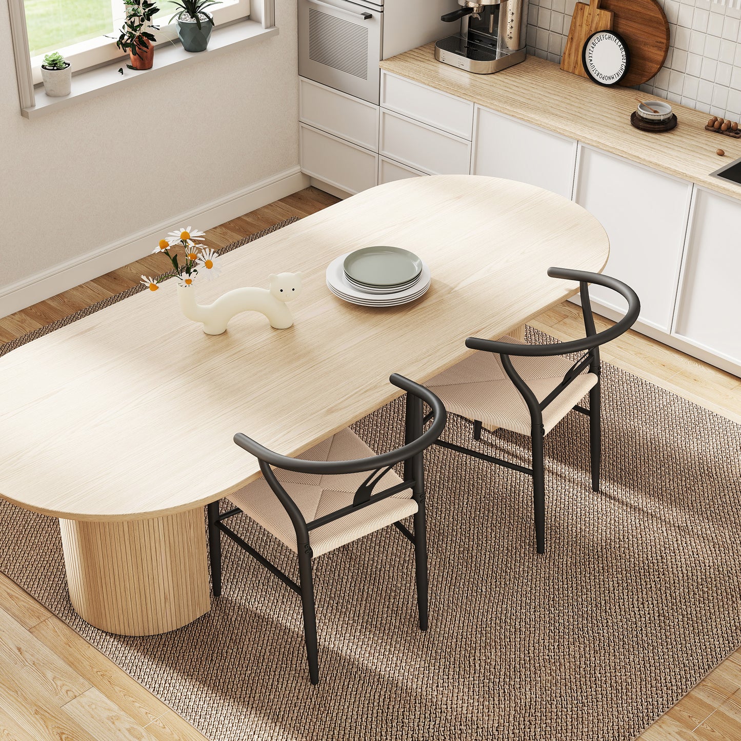 HOMCOM Set of Two Weave Dining Chairs with Y-Shaped Backrest Hemp Seat - Black/Beige