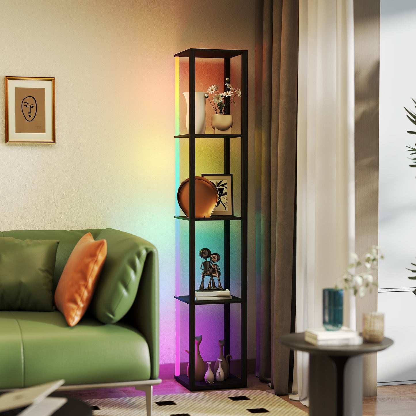 HOMCOM RGB LED Floor Lamp with Shelves, Modern Dimmable Standing Lamp, Remote Control, Adjustable Brightness & Speed, Black