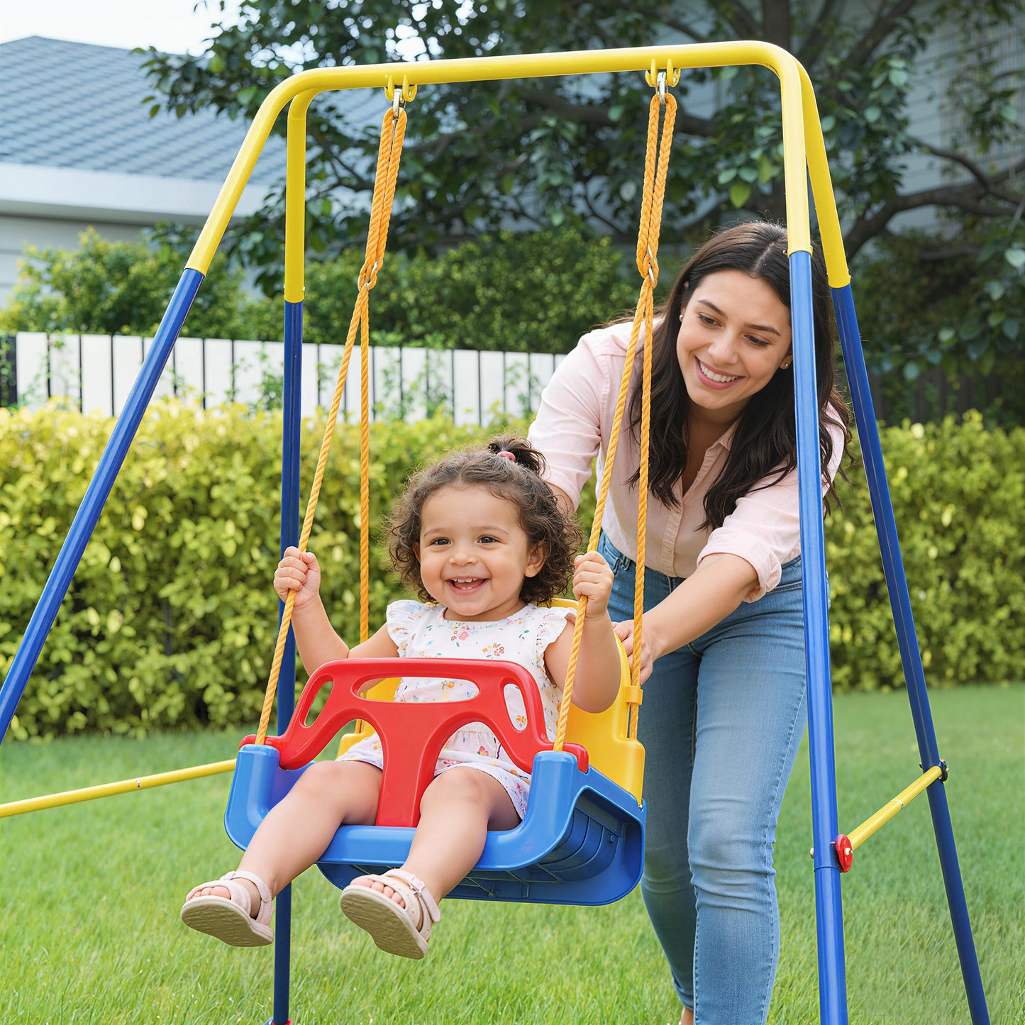 AIYAPLAY 3 in 1 Toddler Swing Set, Folding Child Swing Set with Seat Belt, Adjustable Seat for Outdoor Indoor, Blue