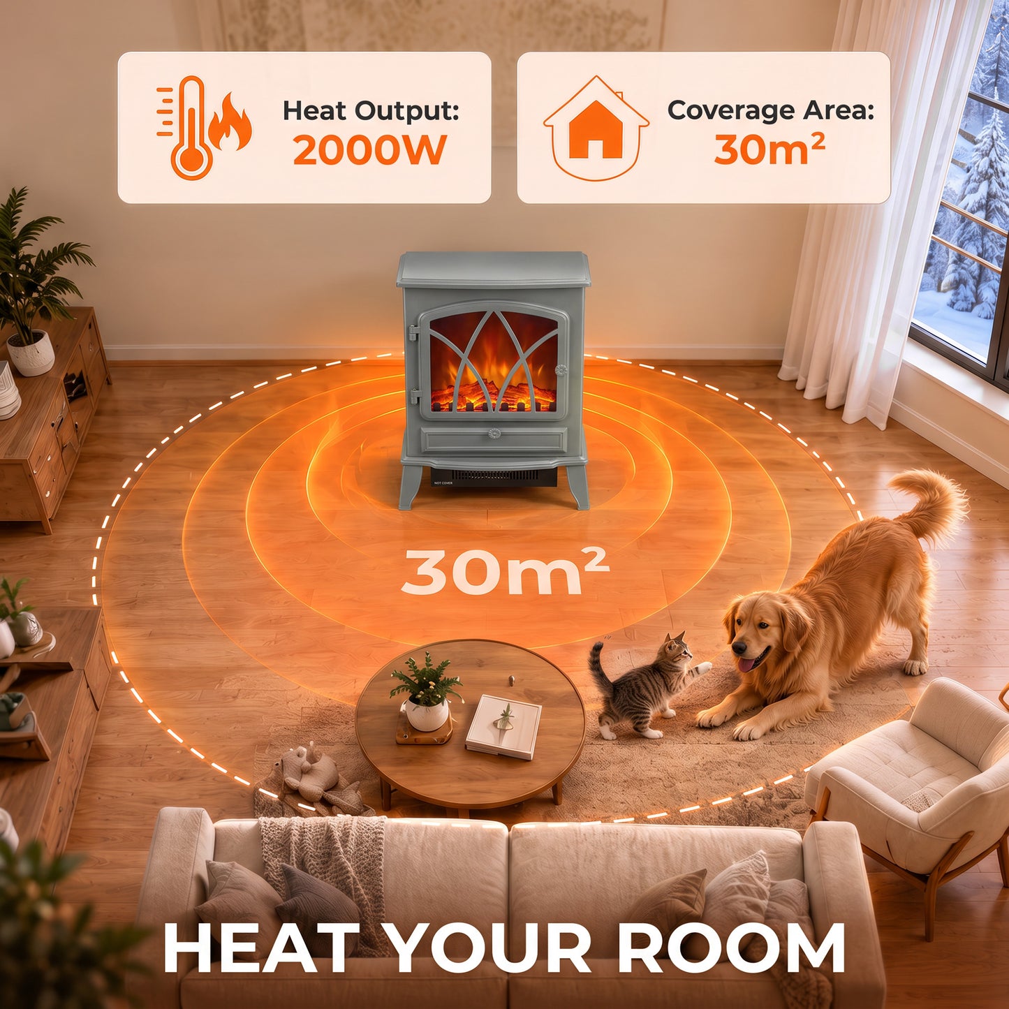 HOMCOM 1kW-2kW Vintage Electric Fireplace Heater - Grey