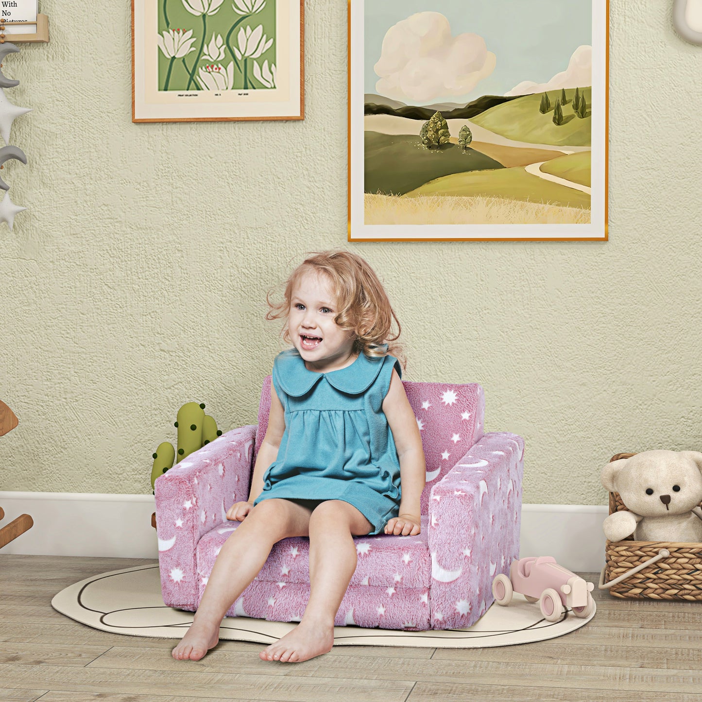 AIYAPLAY 2 in 1 Kids Foldable Chair with Glow in The Dark Stars Moon Design, Washable Cushion and Cover - Blue