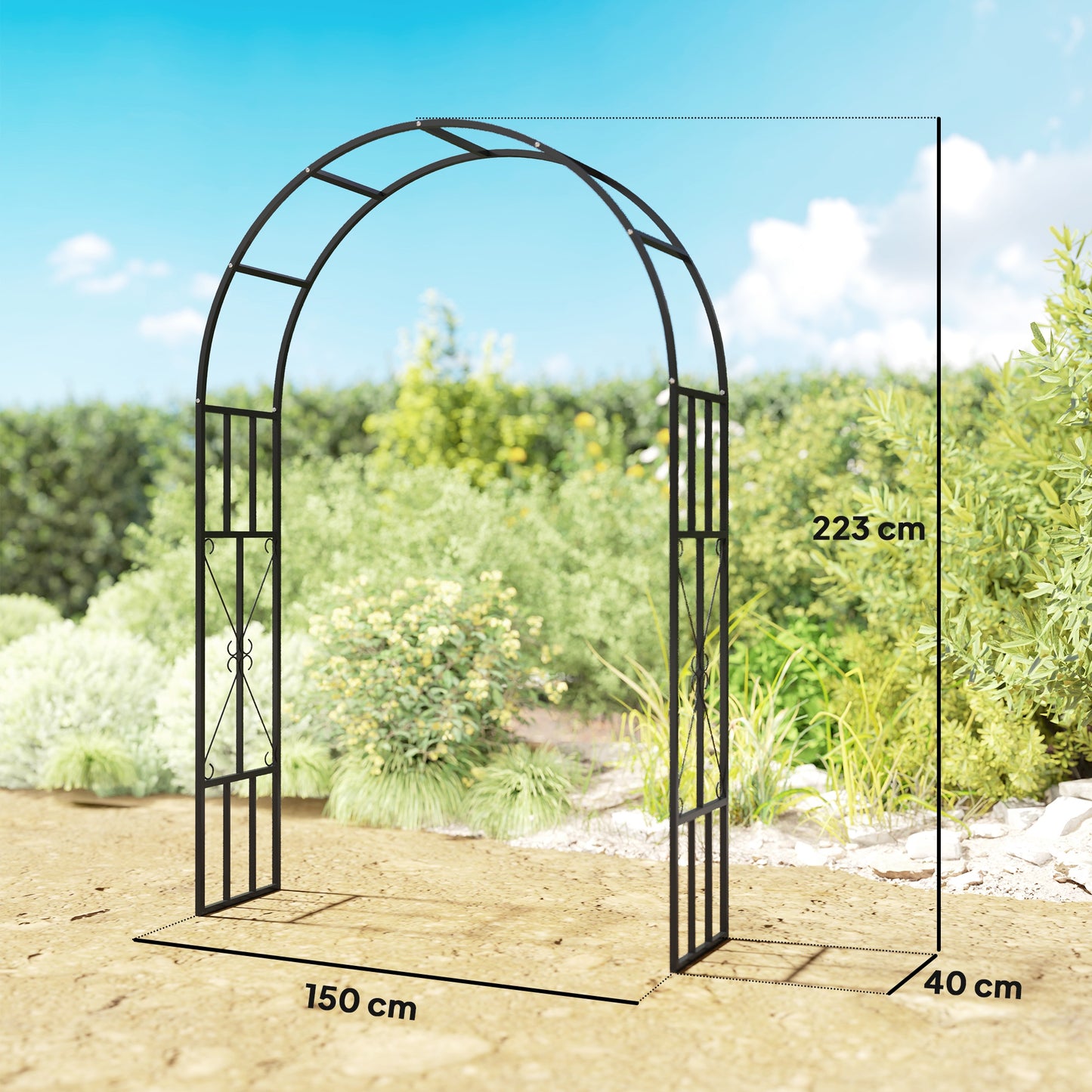Outsunny Steel Garden Arch, Metal Trellis for Climbing Plants & Outdoor Wedding Decoration, 2.2m x 1.5m, Black