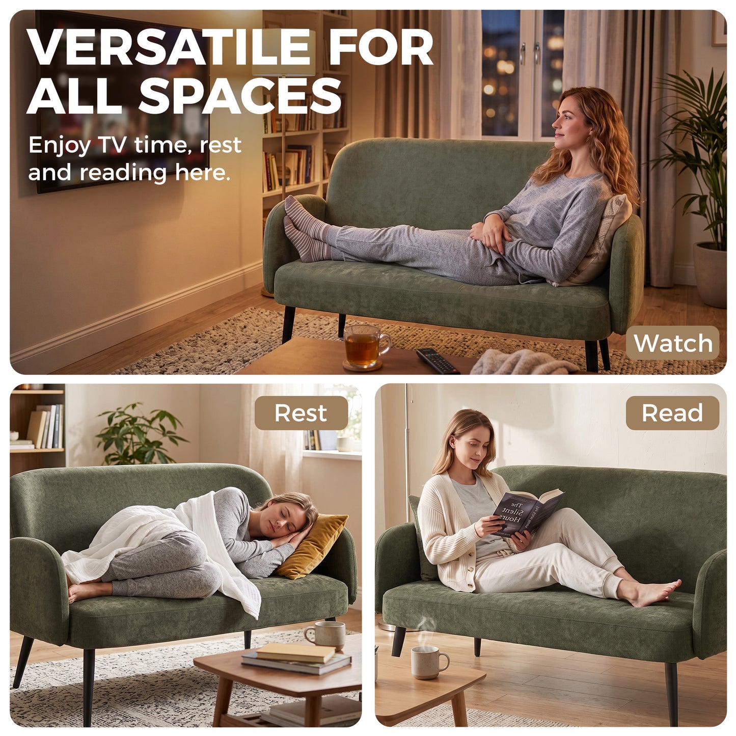 HOMCOM 132cm 2 Seater Sofa, Velvet Comfy Small Sofa Couch with Wide Seat, Thick Padding, Tapered Metal Legs, Green