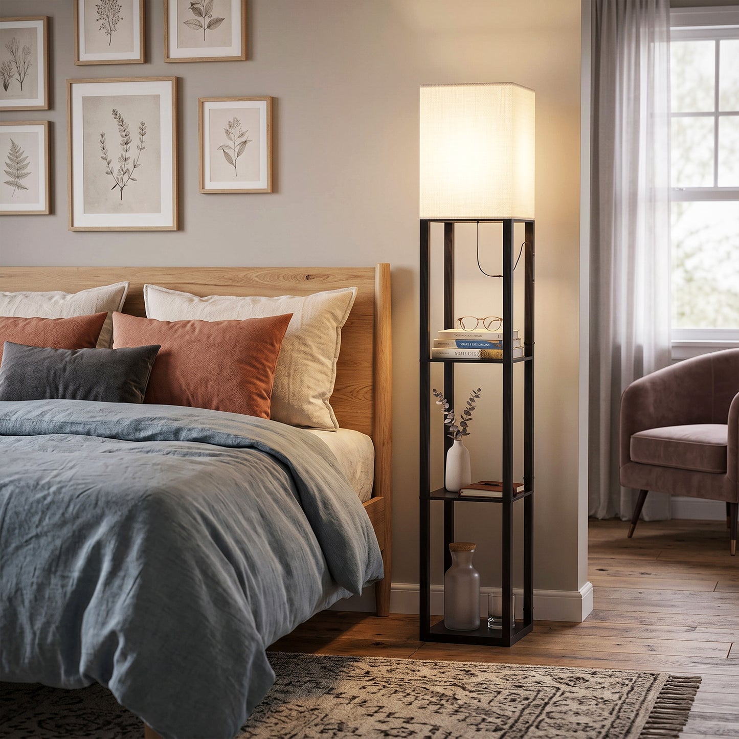 HOMCOM Floor Lamp with Shelves, Modern Dimmable Standing Lamp with Fabric Lampshade, Adjustable Colour Temperature, Black