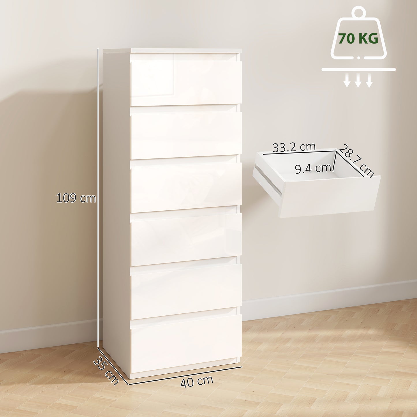 HOMCOM Chest of Drawers High Gloss Finish 6 Drawer Dresser Space Saving Slim Design Handle Free Drawers High-Gloss White