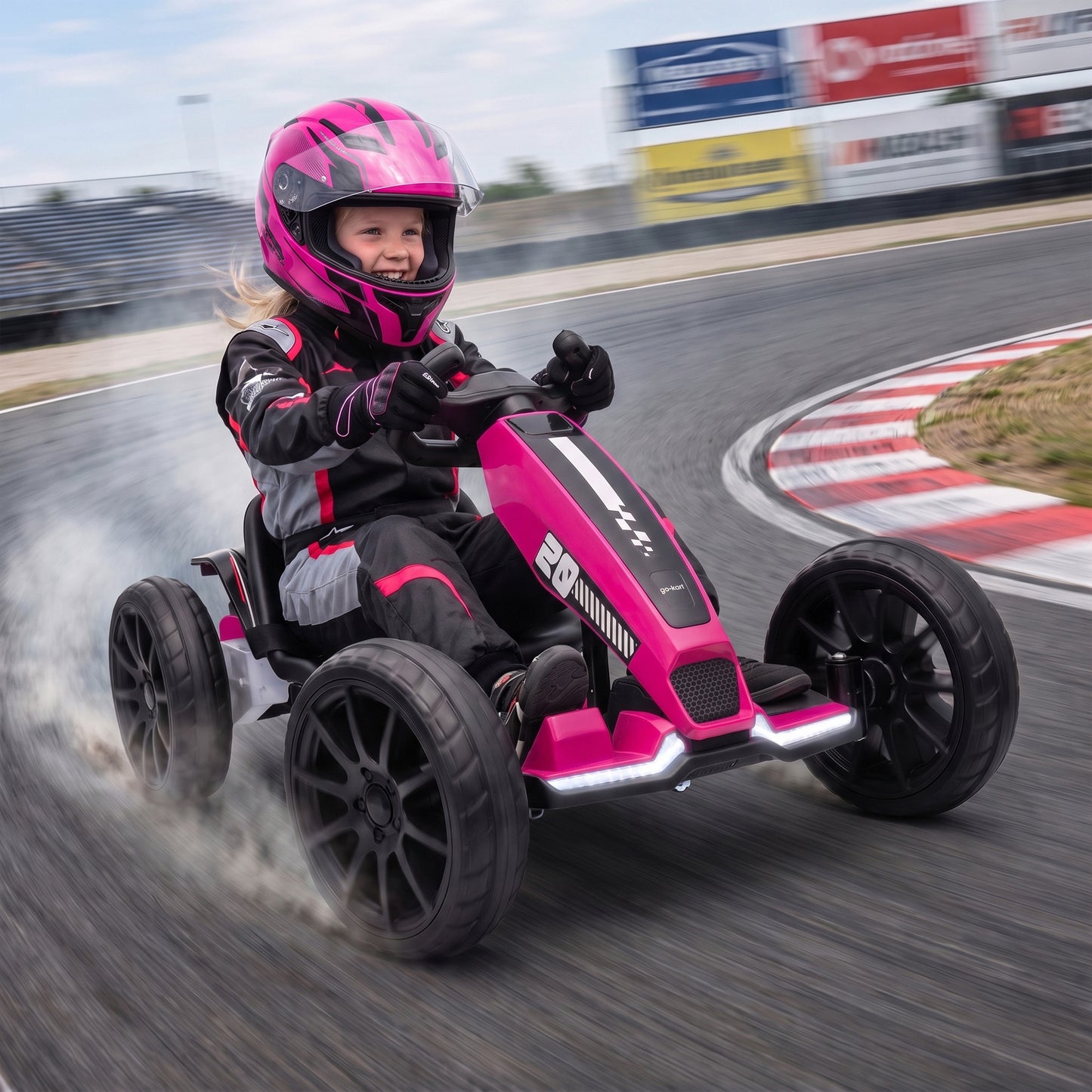 AIYAPLAY 12V Electric Go Kart for Kids with Dual Motors, Adjustable Seat, Soft Start, LED Lights, EVA Wheels, for Age 3-6, Pink