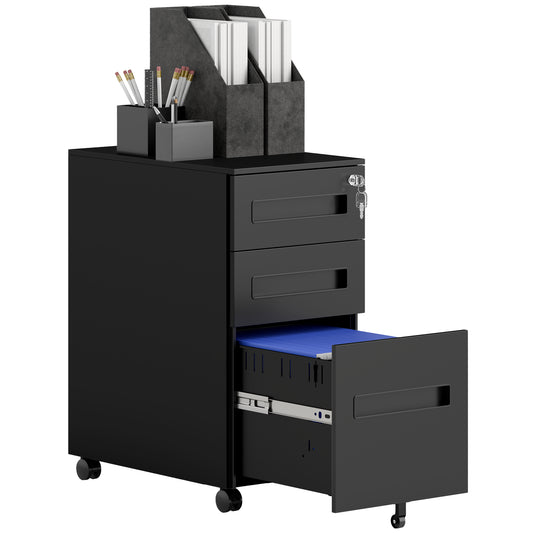 Vinsetto Metal Mobile File Cabinet with Wheels, Lockable 3 Drawer for A4, Legal, Letter, Under Desk Storage, Pre-Assembled, 30x43.5x60cm, Black