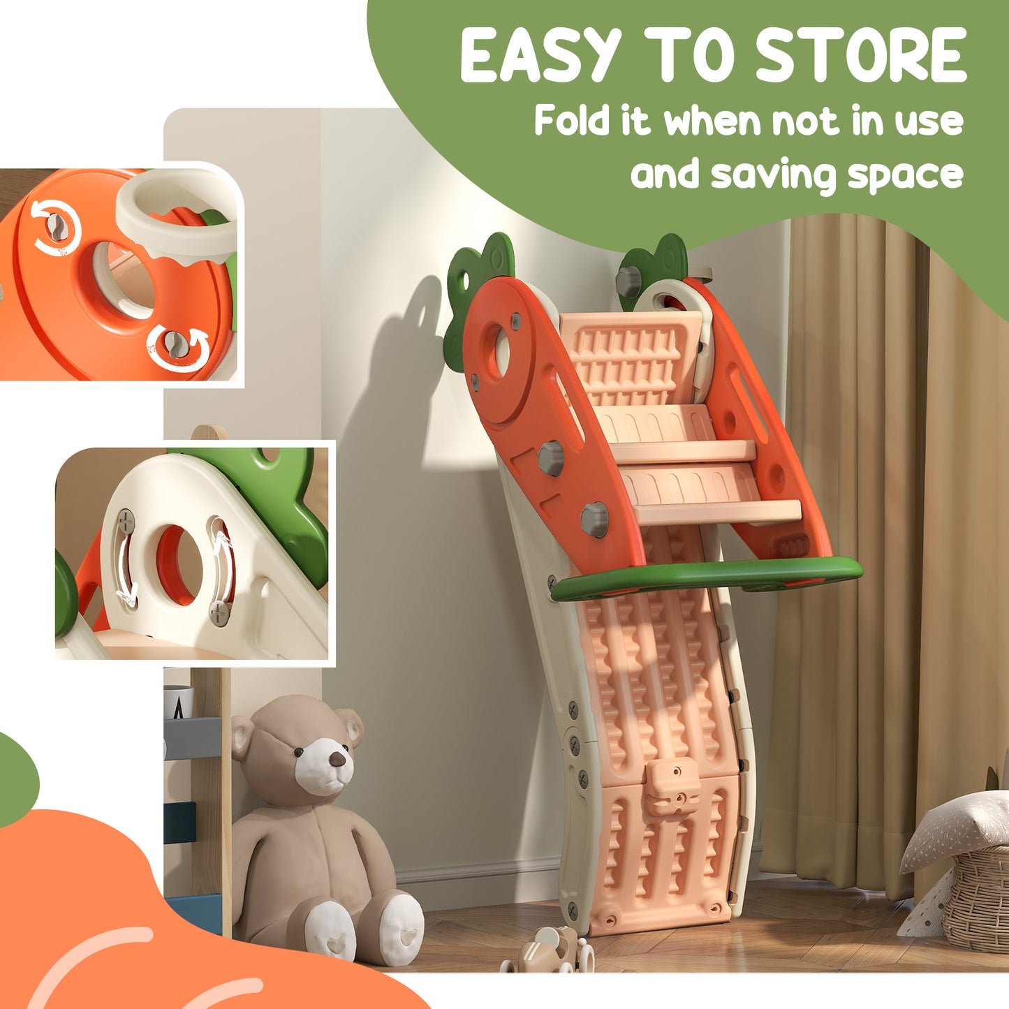 AIYAPLAY 3 in 1 Foldable Toddler Slide with Basketball Hoop, Climber, Carrot-themed for 1-3 Years