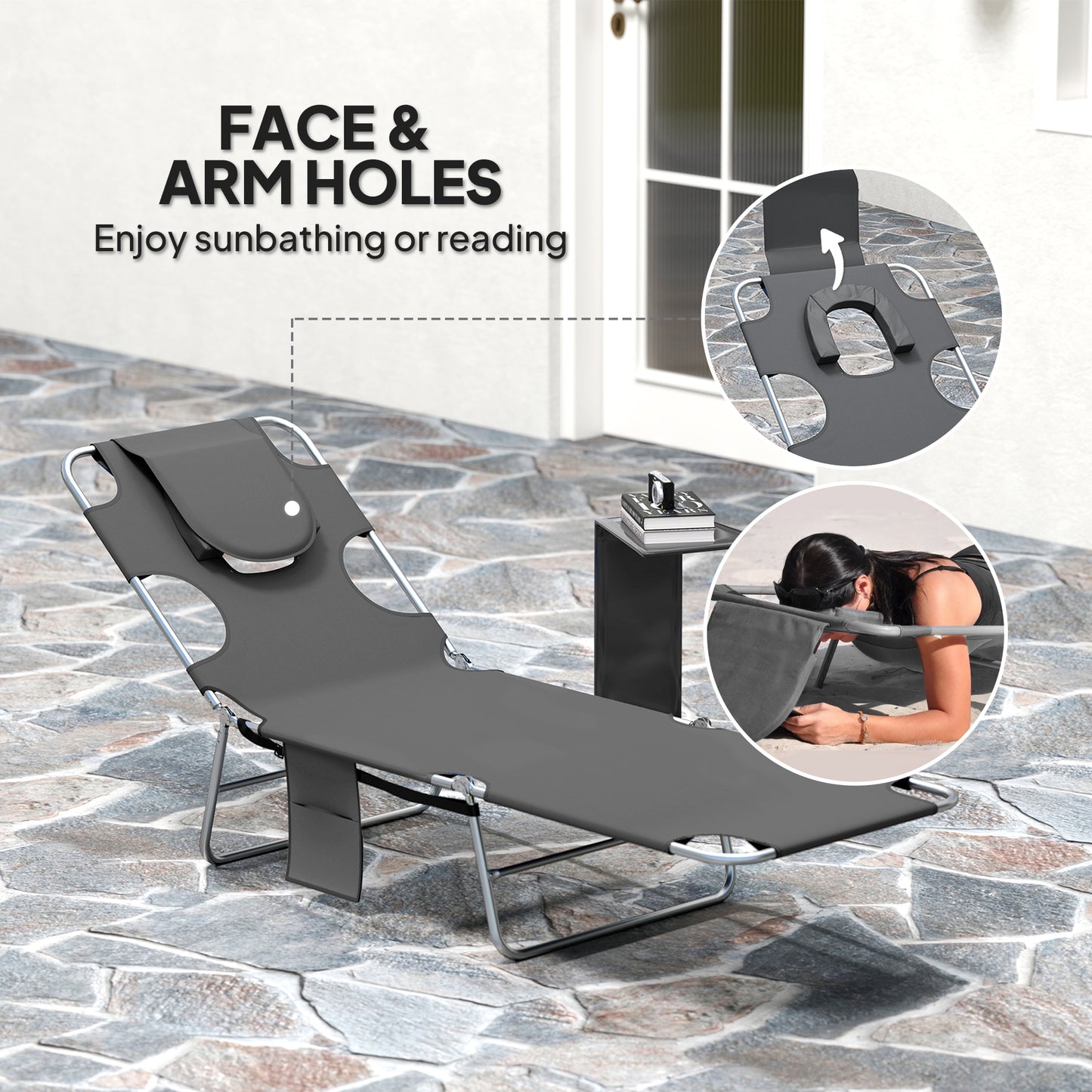 Outsunny Reclining Face Hole Sun Lounger - Dark Grey