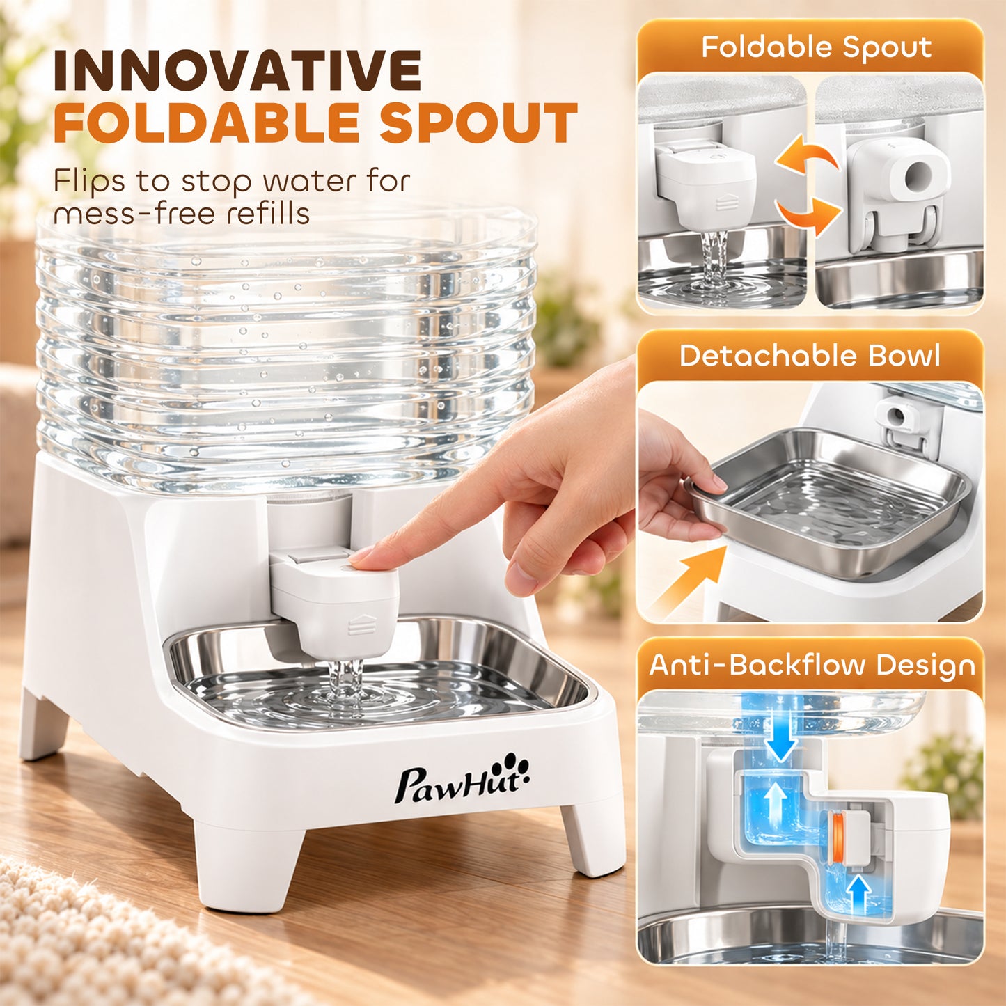 PawHut Automatic Pet Water Dispenser, 8L Gravity Dog Water Dispenser with Patented Tap, Stainless Steel Bowl, White