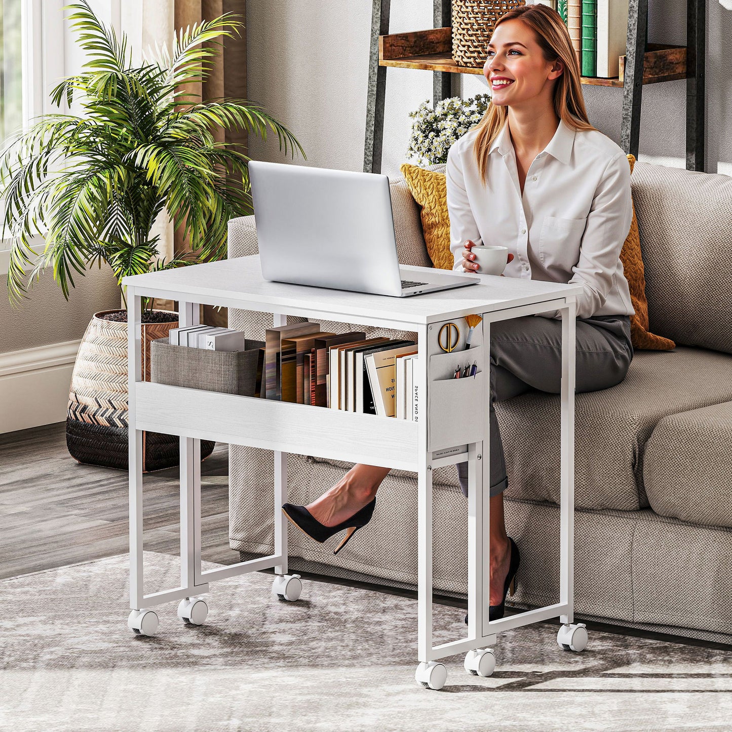 HOMCOM 80 cm Folding Desk with Storage Shelf and Drop Leaf on Wheels - White