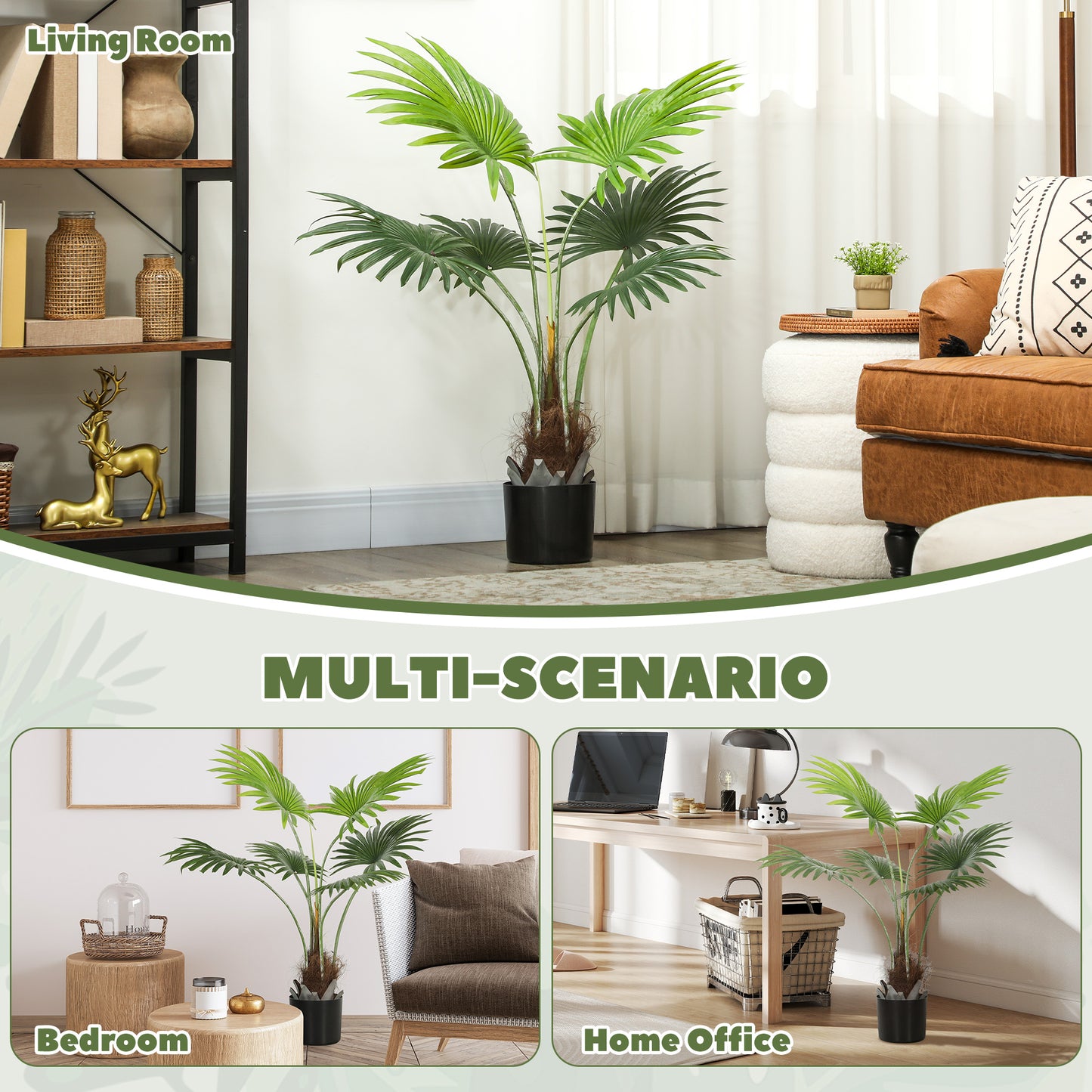 HOMCOM Artificial Palm Tree, 94cm Decorative Plant, Lifelike PEVA Leaves, Coconut Coir, Fake Tree in Plastic Pot, Home Office Decor, Green