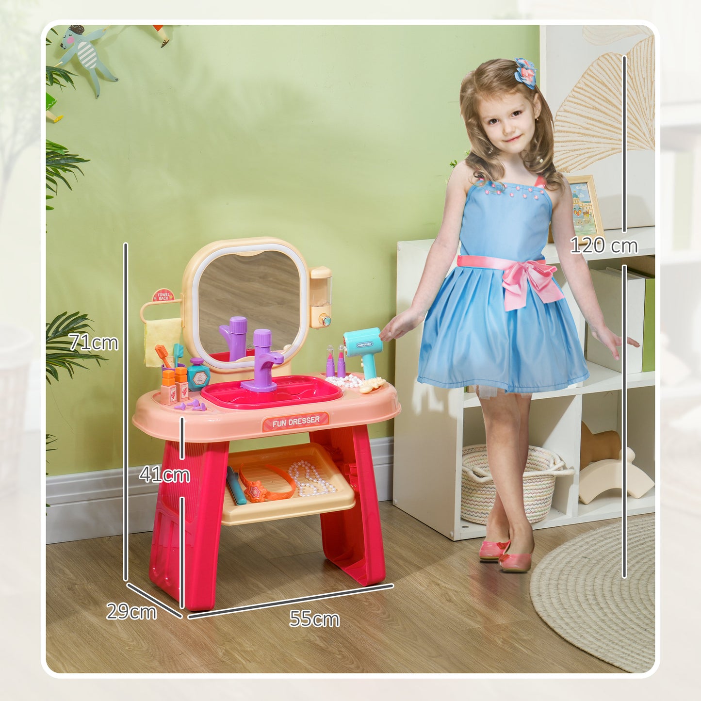 AIYAPLAY Kids Dressing Table with Mirror, LED Light, 23 Accessories, Pink