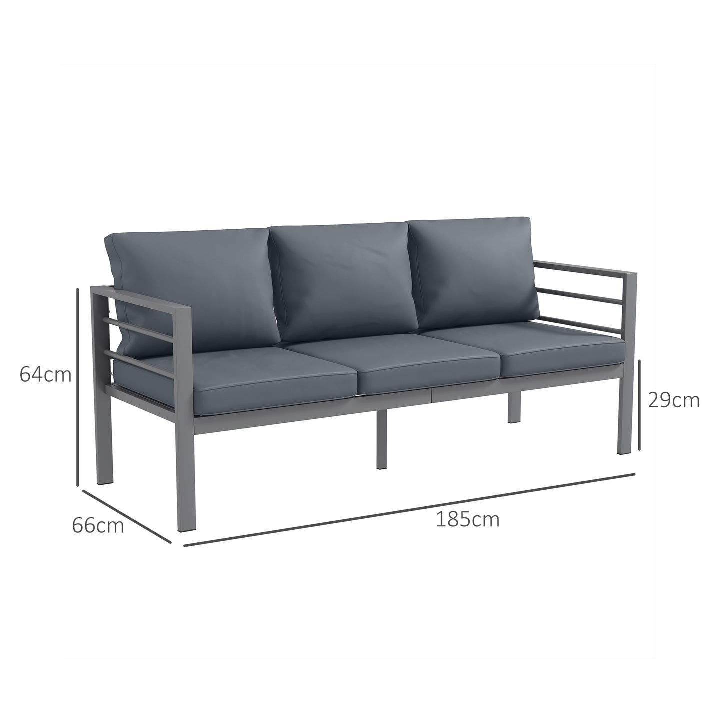 Outsunny Aluminium Three-Seater Garden Bench with Cushions - Grey