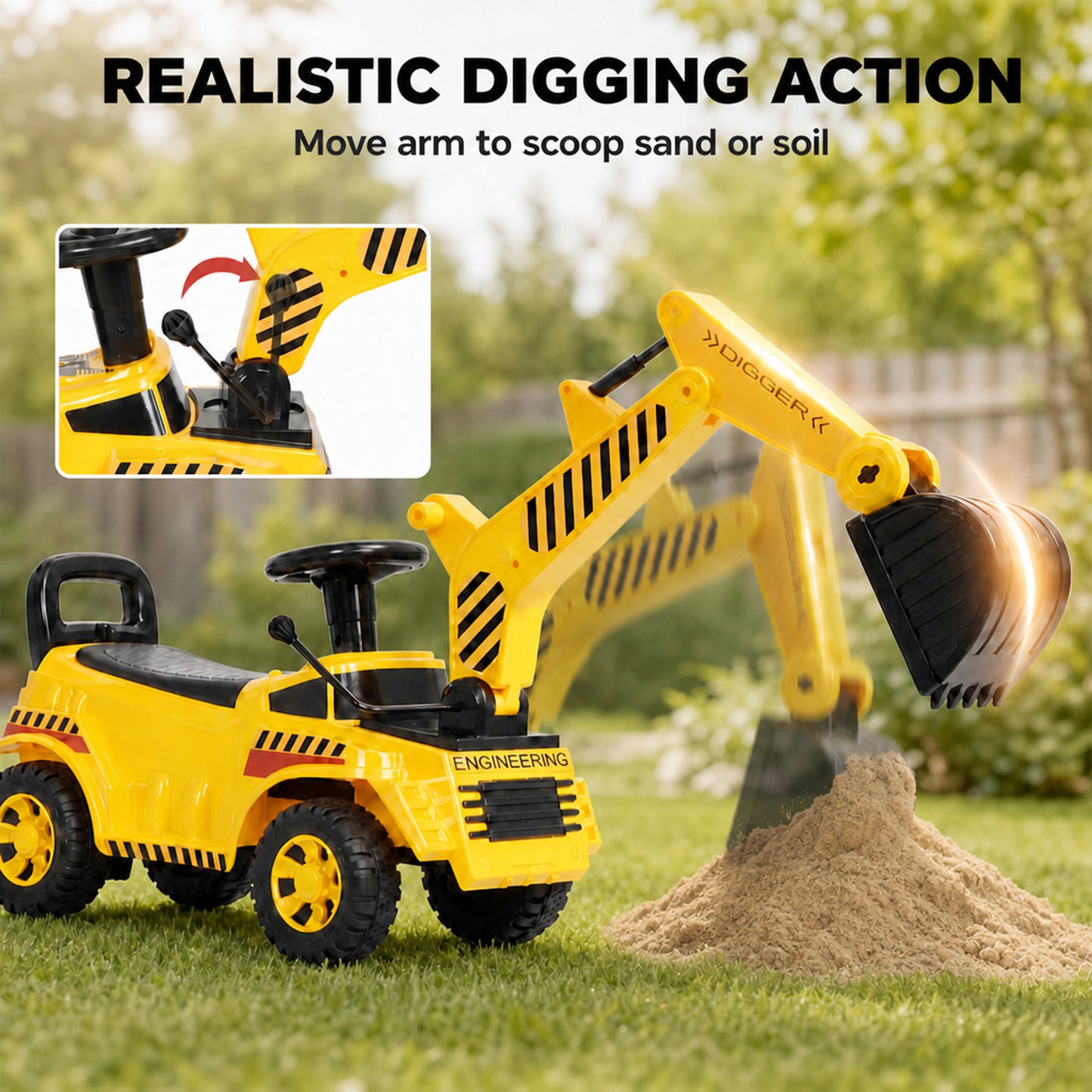 AIYAPLAY Kids Ride on Digger, Toddler Construction Toy Car with Security Helmet, Horn, Detachable Digging Arm