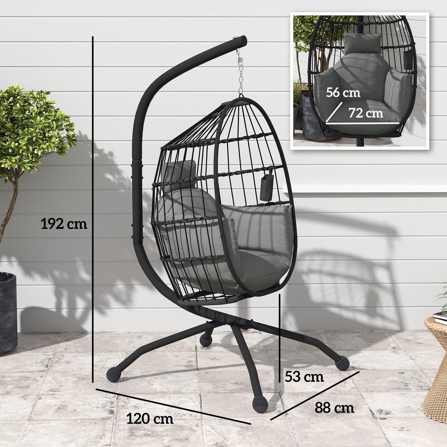 Outsunny Hanging Egg Chair: Indoor/Outdoor Swing with Stand, Cushion, Headrest, Cup Holder, Dark Grey