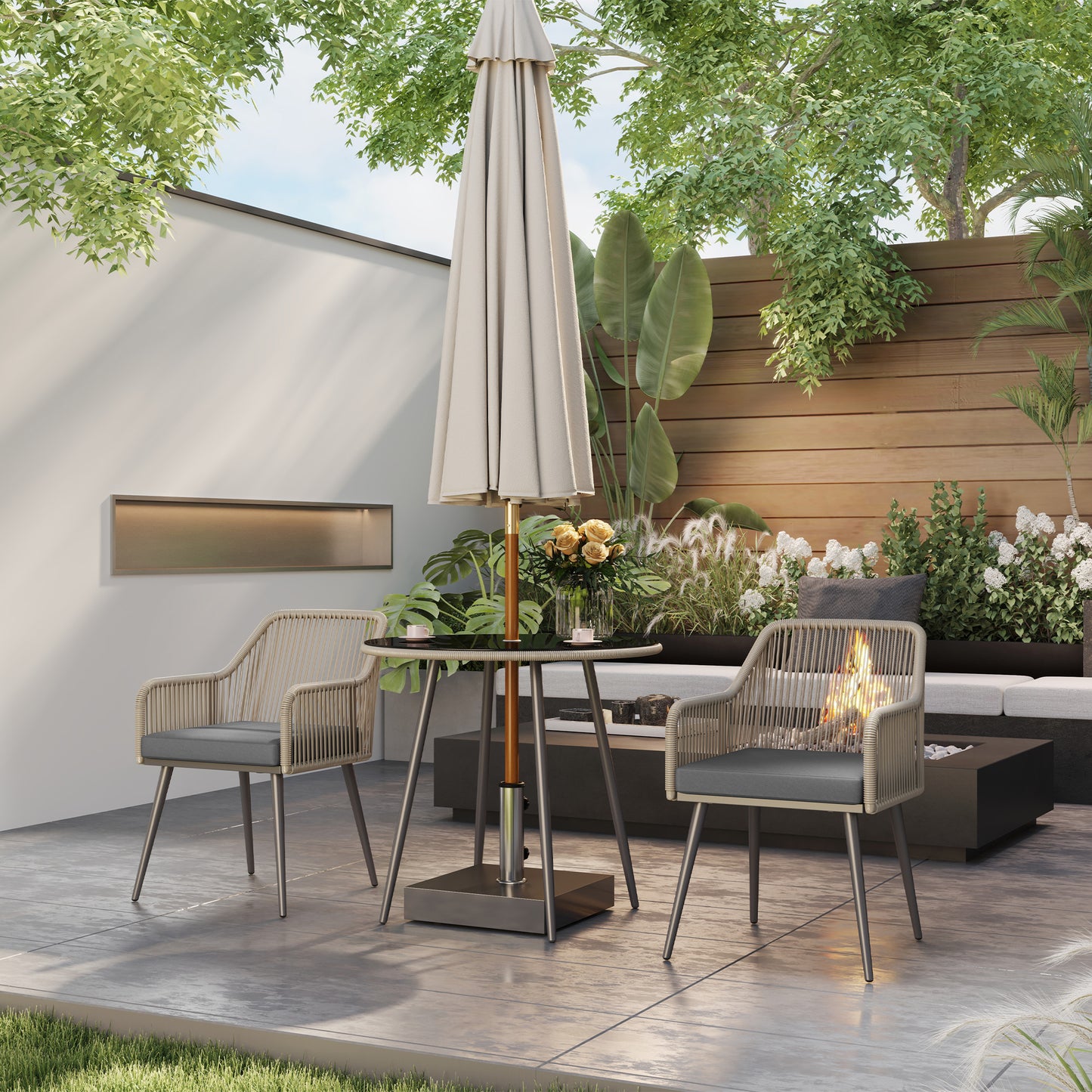 Outsunny 4 Seater Rattan Dining Set, Garden Furniture with Parasol Hole & Cushions, Round Glass Table