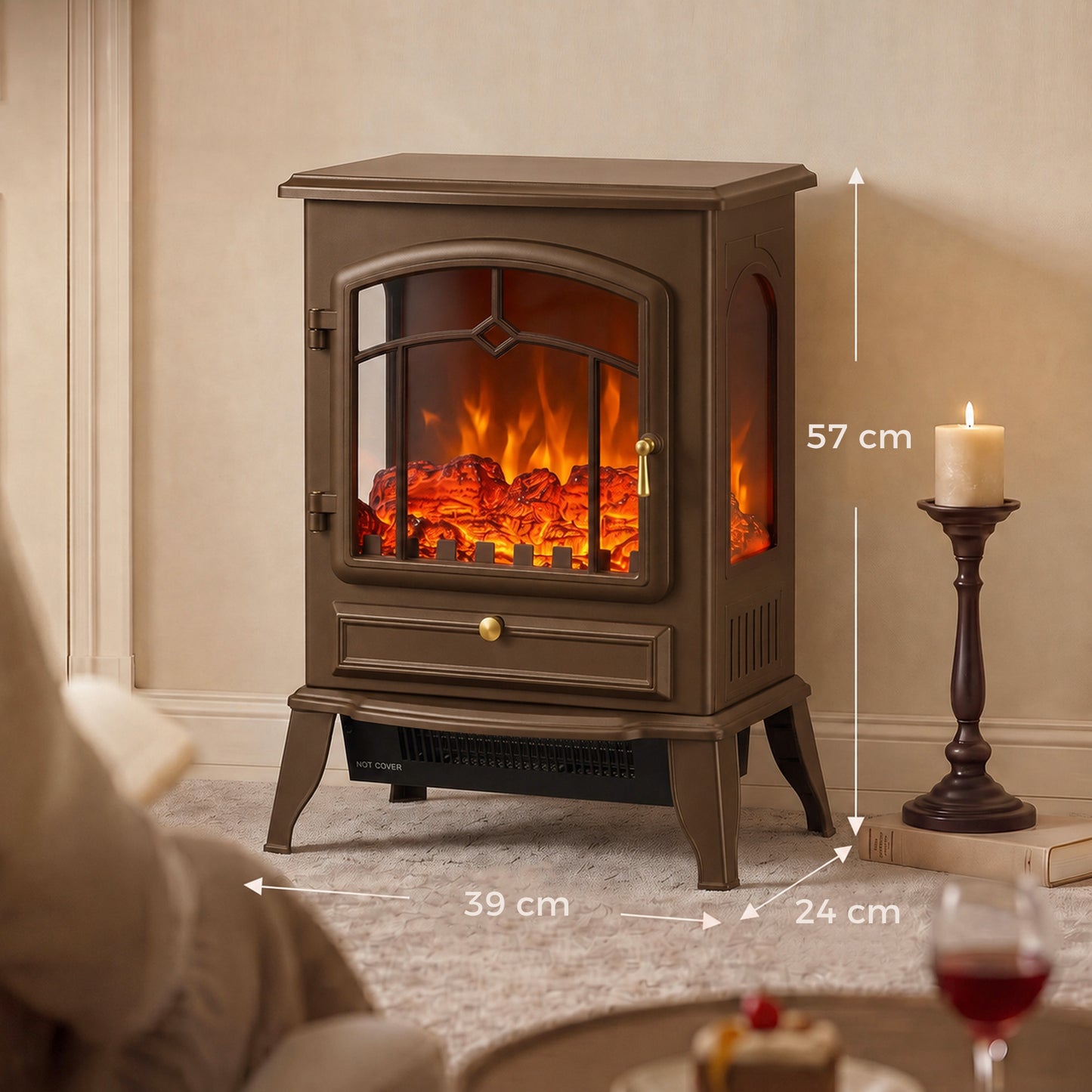 HOMCOM Electric Fireplace Stove, 1000/2000W 3-Sided Freestanding Fireplace Heater with 3D Flame Log, Thermostat, Brown
