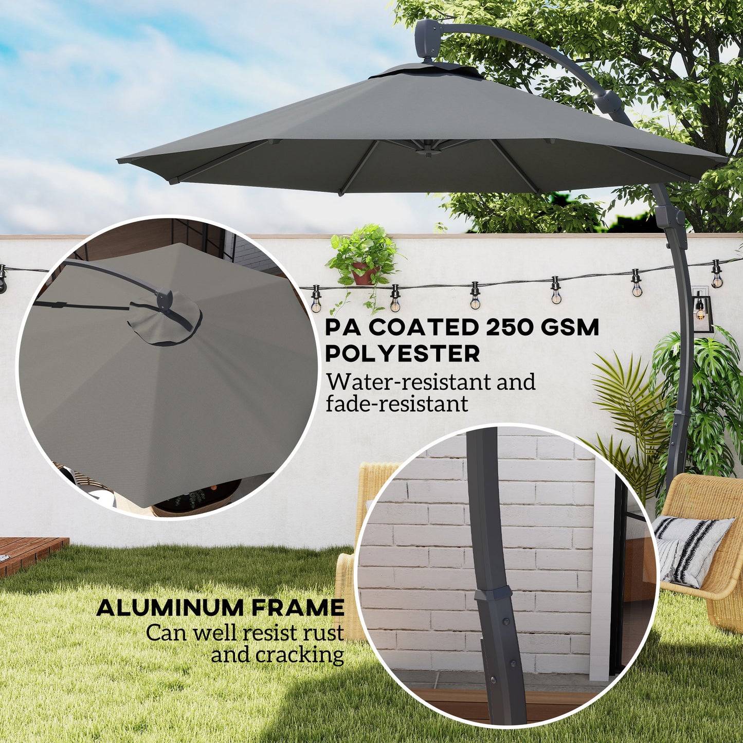 Outsunny Garden Cantilever Parasol, Round Umbrella with Crank, Cross Base, Aluminium Frame, 360° Rotation for Outdoor Sun Shade, Grey