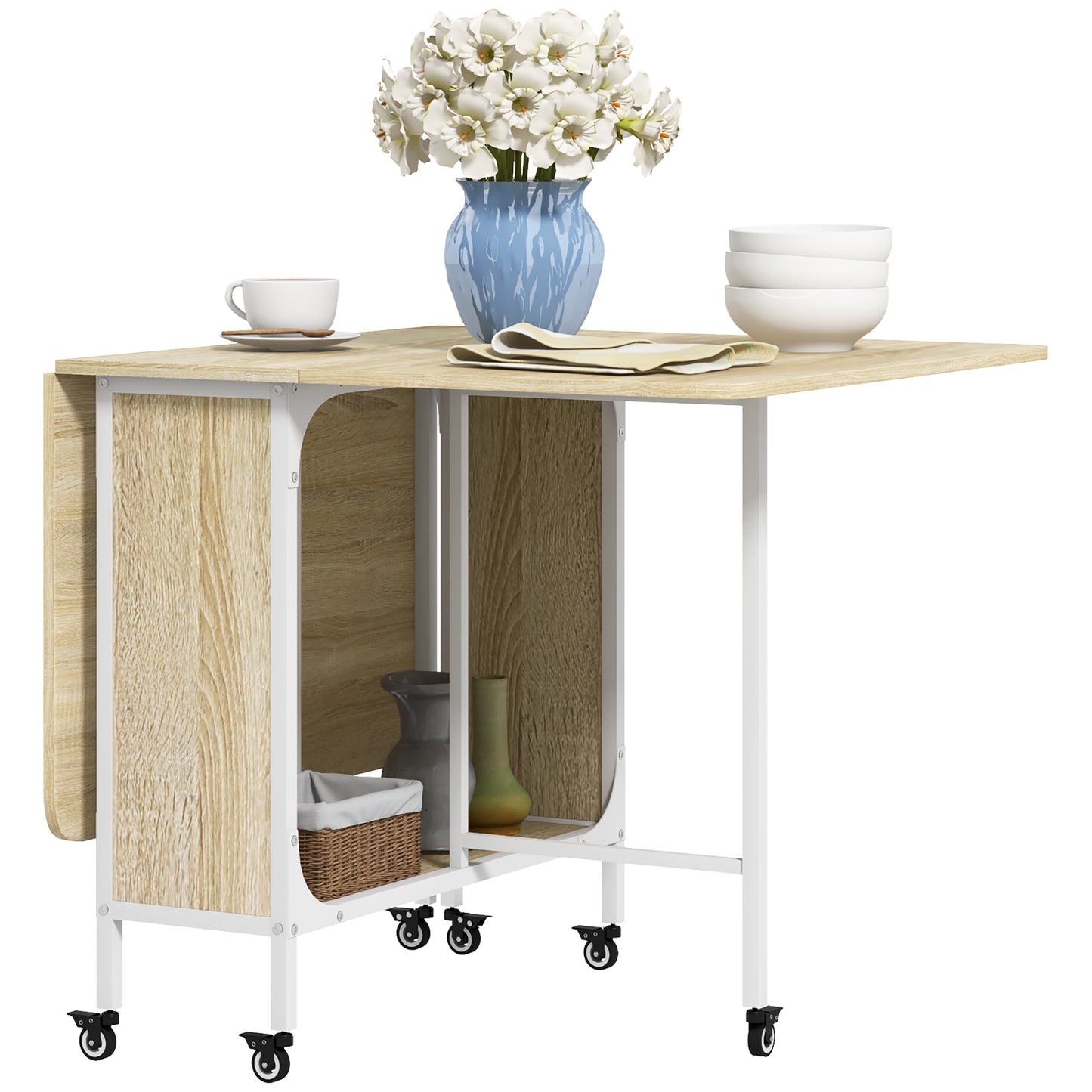 HOMCOM Mobile Drop Leaf Table, Folding Kitchen Table with Wheels & Storage Shelf, Natural Wood