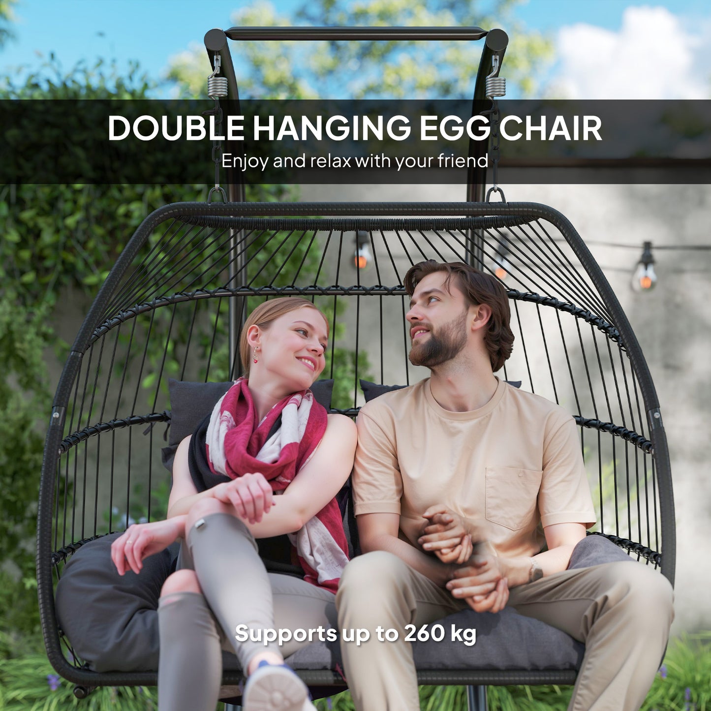 Outsunny Rattan Double Hanging Egg Chair with Stand, Foldable Wicker, Cushion & Head Pillows, 260 kg Capacity, Steel Frame, Indoor/Outdoor, Dark Grey