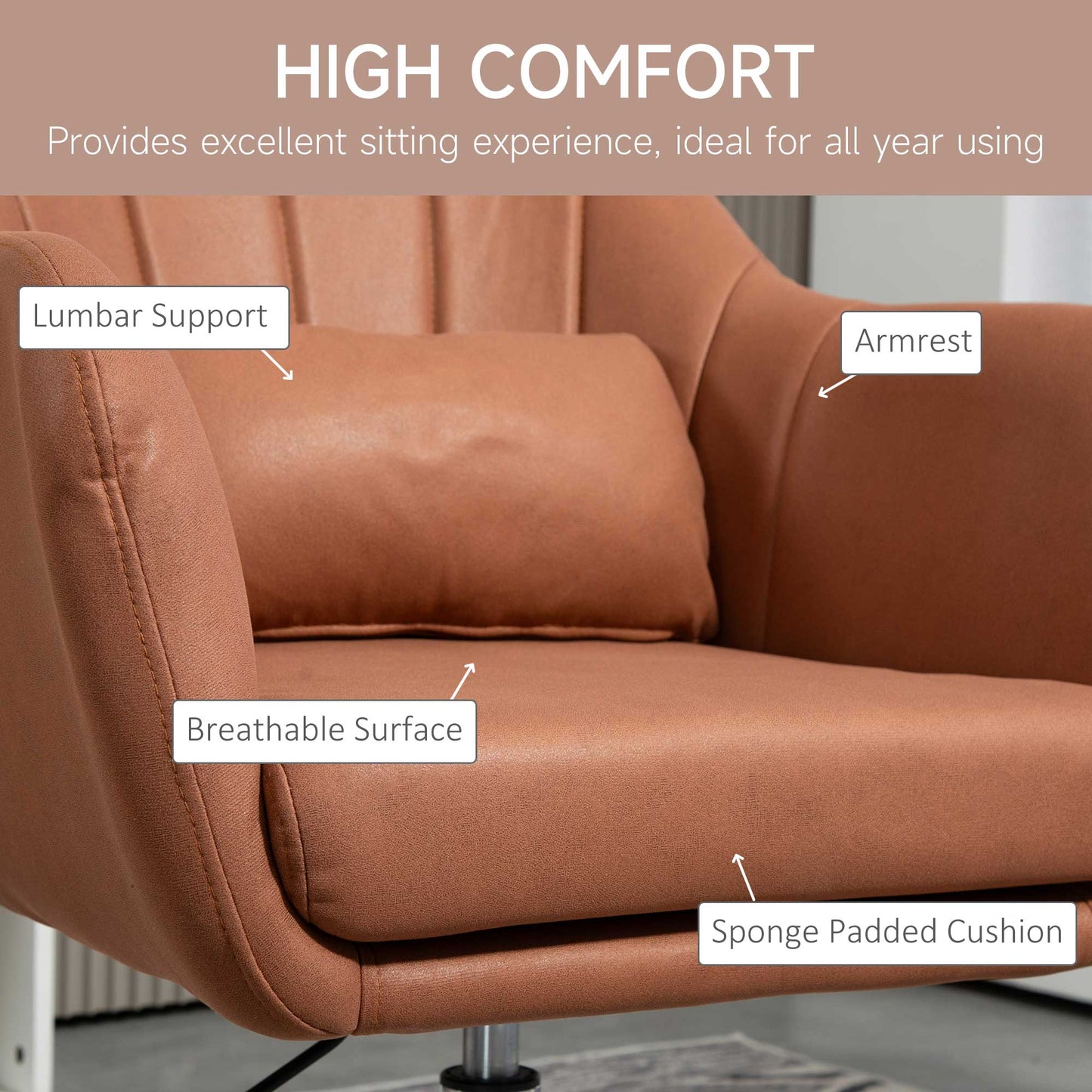 HOMCOM Swivel Microfibre Accent Chair with Adjustable Height and Lumbar Support, Brown
