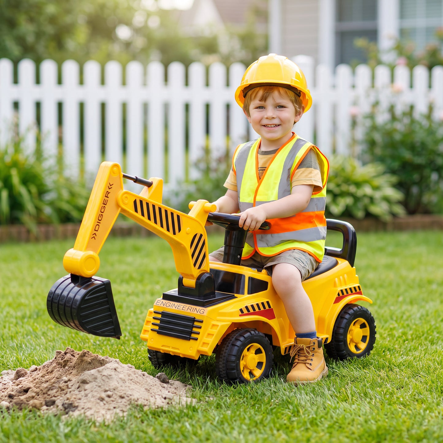 AIYAPLAY Kids Ride on Digger, Toddler Construction Toy Car with Security Helmet, Horn, Detachable Digging Arm