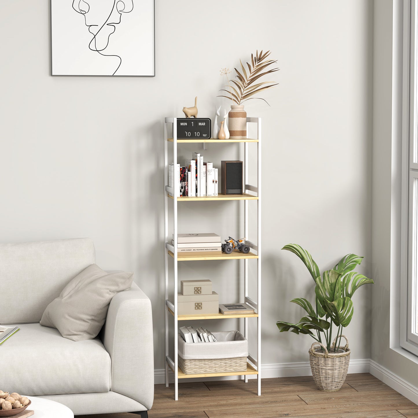 HOMCOM Five-Tier Bamboo Adjustable Shelf Storage Unit