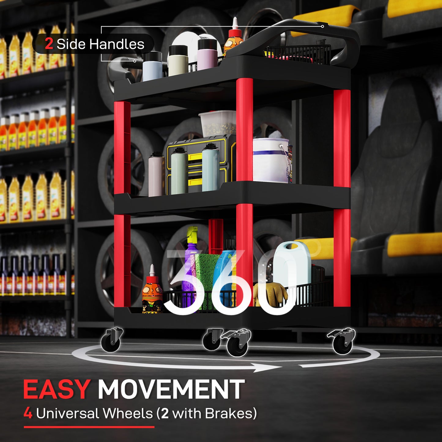 HOMCOM 3-Tier Rolling Tool Cart, Mobile Utility Trolley with Handles, 91kg Capacity for Garage/Mechanics/Warehouse, Black and Red