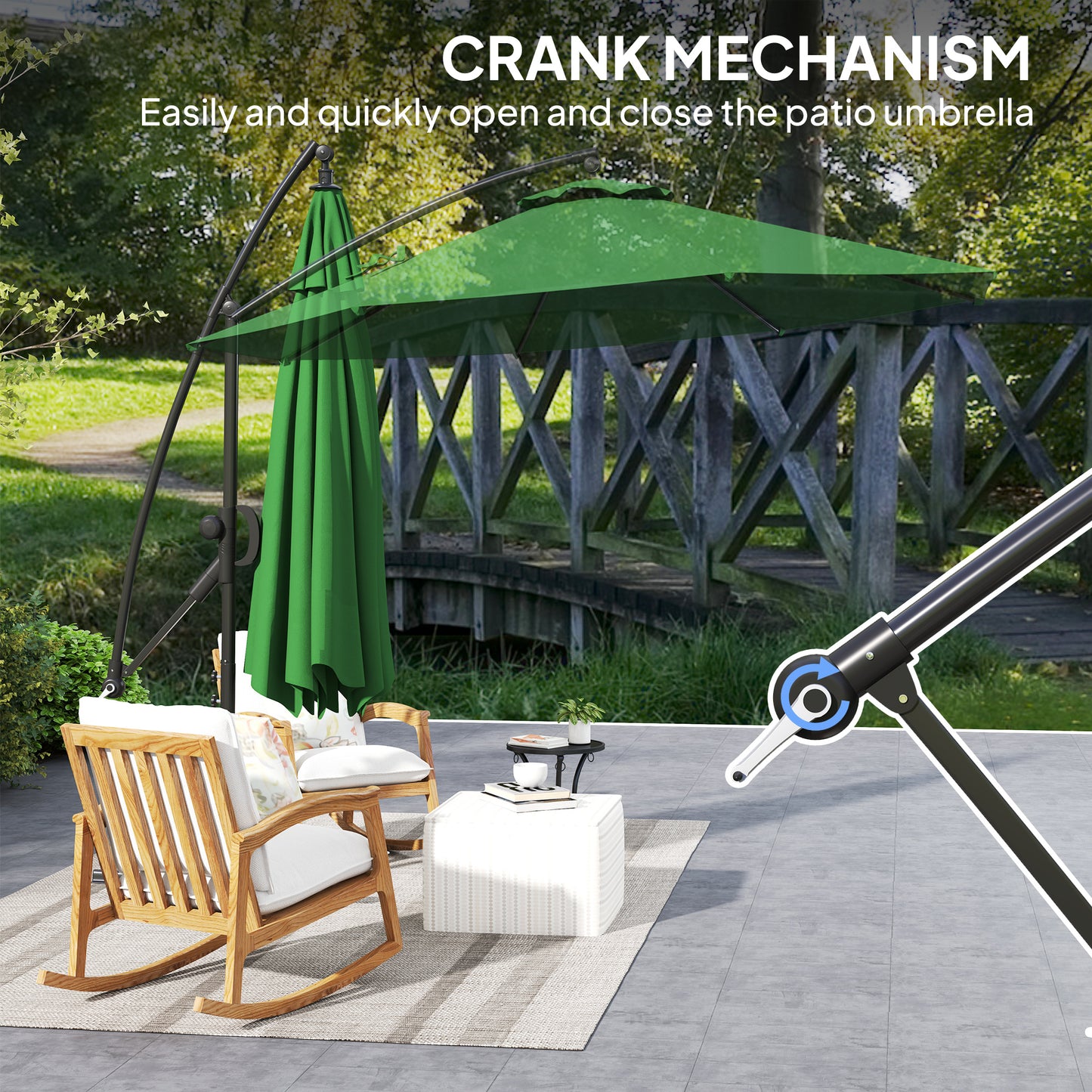 Outsunny Garden Cantilever Parasol with Cover & Wind Strap, Round Umbrella with Crank & Tilt, UPF50+ Patio Sun Shade, Green