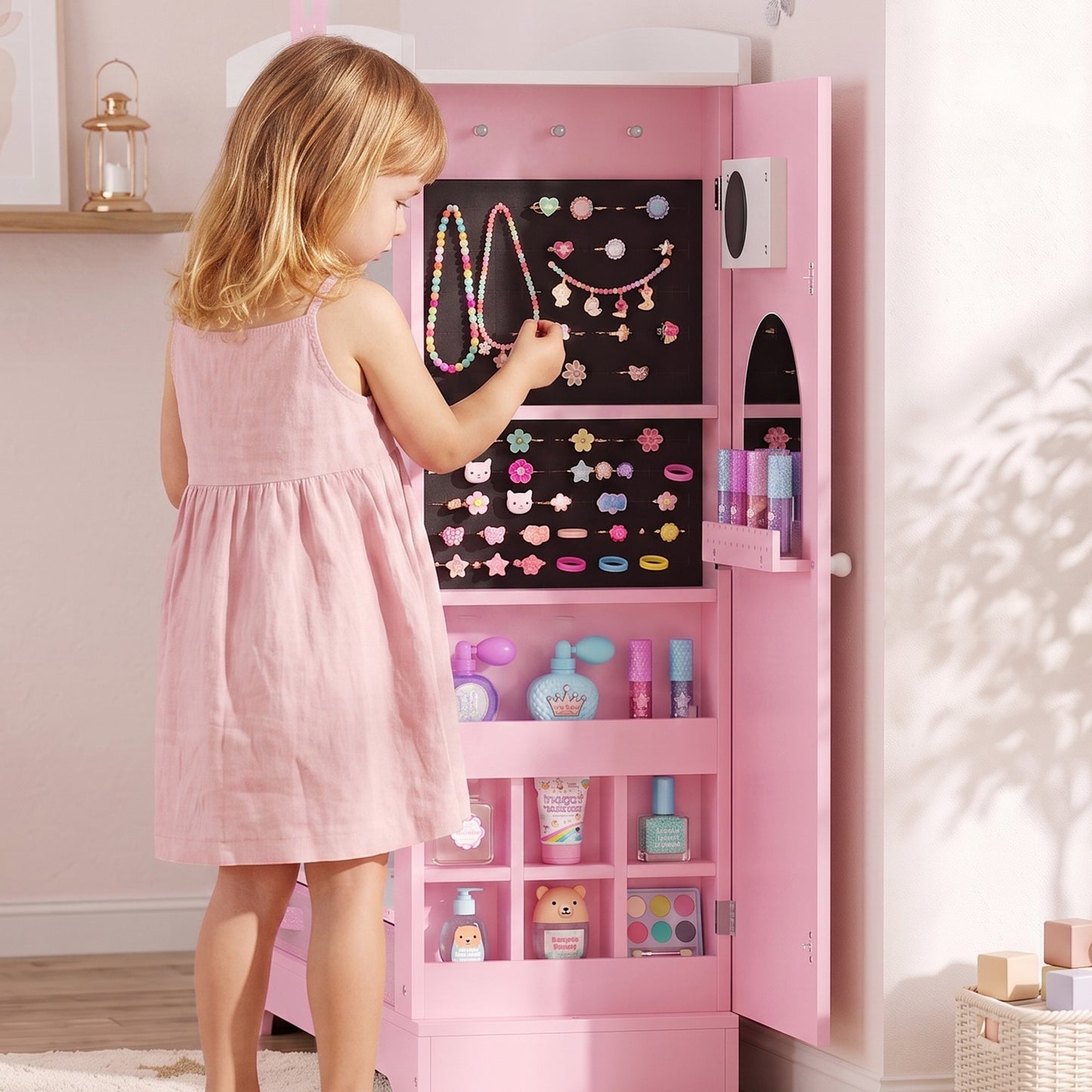 AIYAPLAY Kids Wardrobe with Lighted Mirror, Clothes Rail, Jewelry Cabinet, Shelves, Storage Boxes for Bedroom, Nursery, Pink