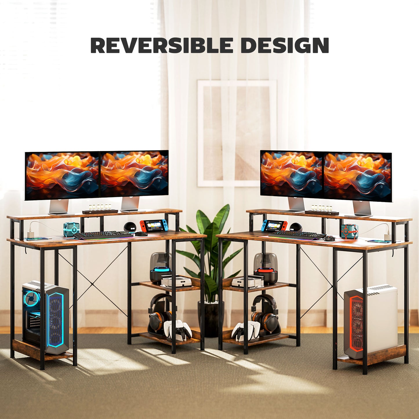 HOMCOM Computer Desk w/ Power Outlets & LED Lights, 120x50cm Reversible Desk, Monitor Stand, Rustic Brown