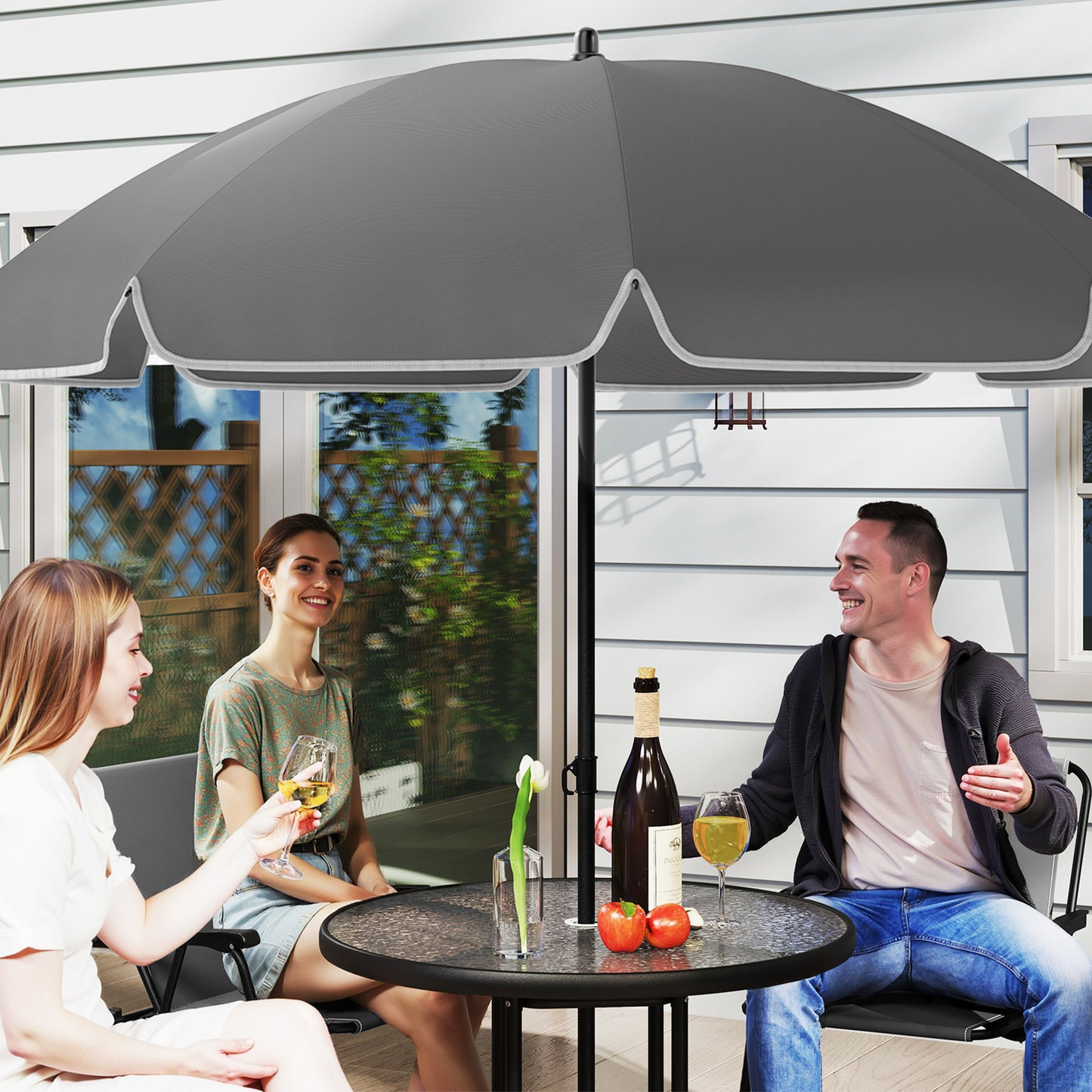 Outsunny 4 Seater Garden Dining Set, 6 Pieces: Folding Chairs, Round Glass Table, Parasol, Grey