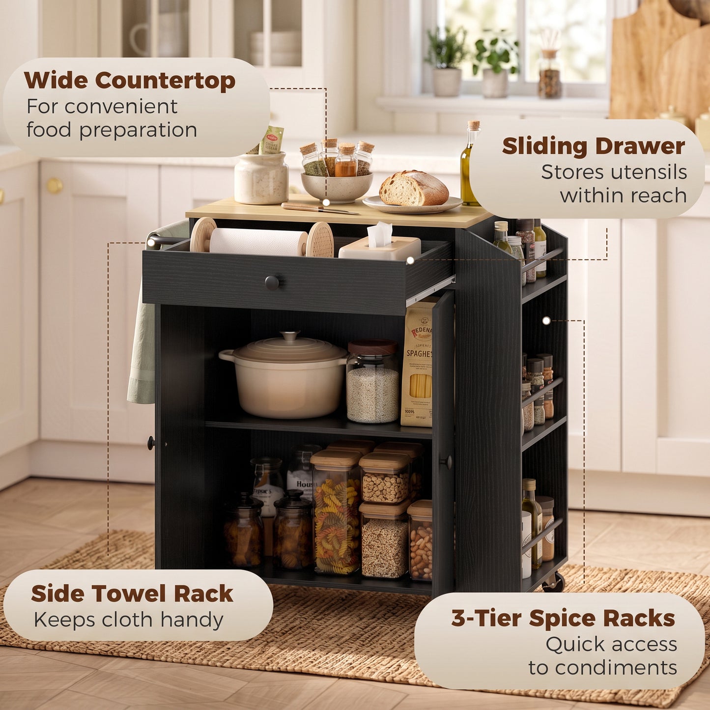 HOMCOM Rolling Kitchen Island with 3-Tier Spice Rack, Kitchen Storage Cart with Drawer and Towel Rack, Black