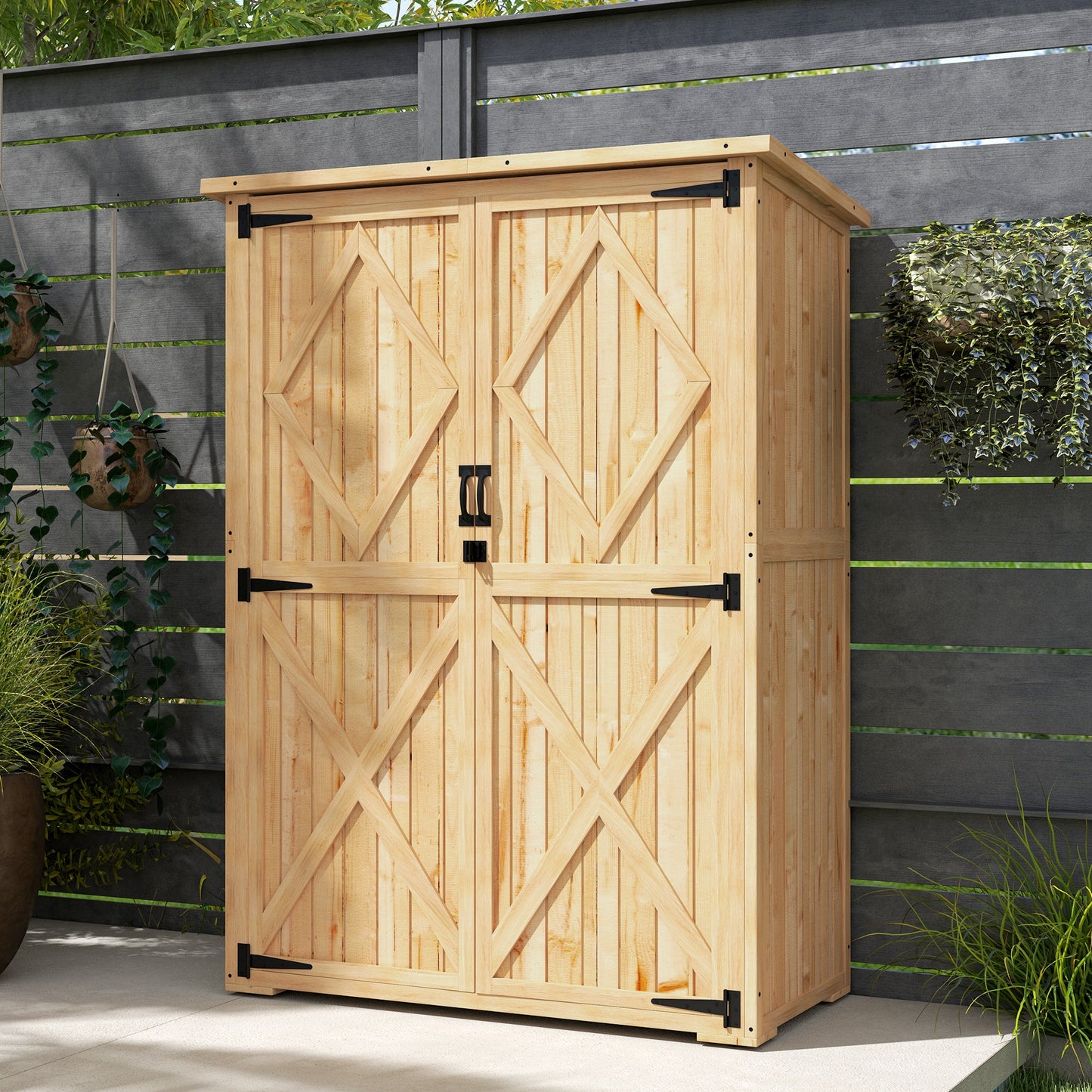 Outsunny Wooden Garden Storage Shed, Tool Cabinet with Asphalt Roof & 2 Shelves for Tools, Equipment, Double Doors, Natural