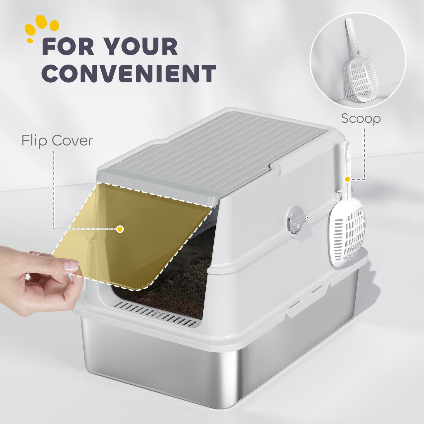 PawHut Extra Large Stainless Steel, Cat Litter Tray with Scoop, Flip Top