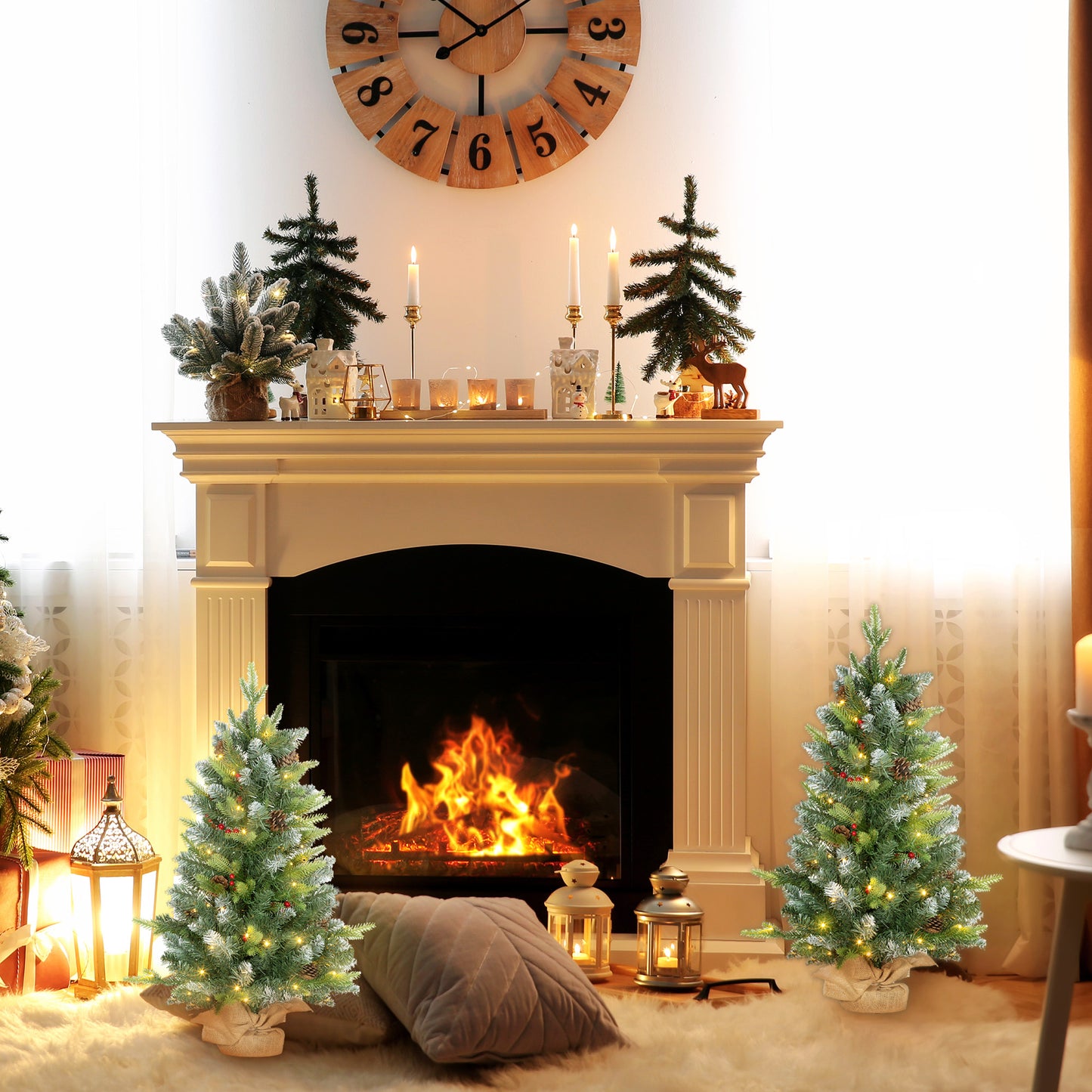 HOMCOM Set of Two 3ft Christmas Trees, with Lights, Berries and Pinecones