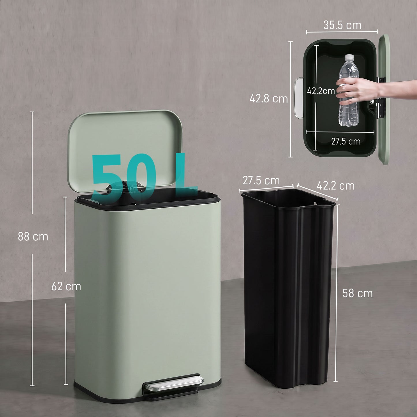 HOMCOM 50 L Kitchen Pedal Bin, Metal Rubbish Bin with Removable Inner Bucket, Soft-Close & Stay-Open Lid, Light Green