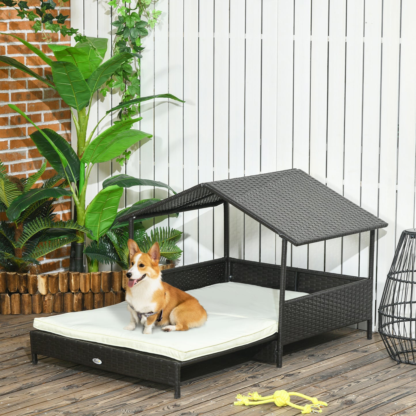 PawHut Extendable Elevated Dog Bed Rattan Dog House with Water-Resistant Roof Removable Cushion for Small Medium Dogs